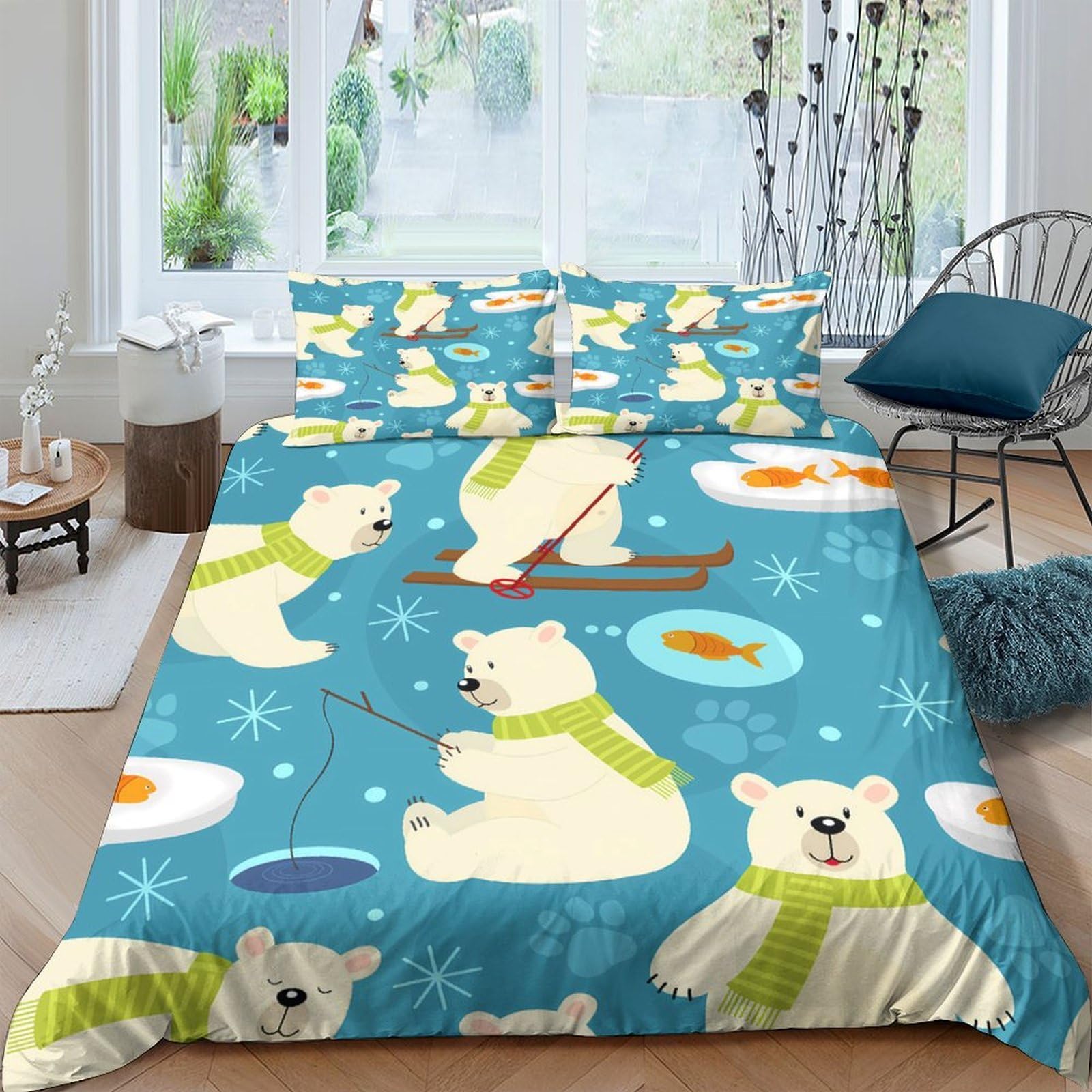 Ctjqhvkz Style-8 3D Printed Polar Bear Ice Fishing Fitted Sheet Microfiber Soft Anti-Slip Bed Cover Bedroom Dorm Decor Single（135X200cm）