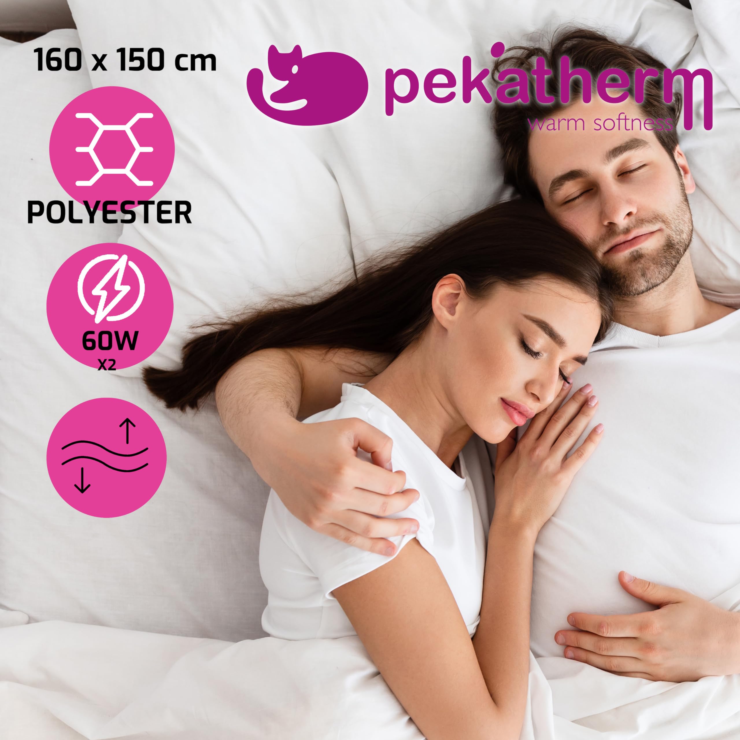 Wärmeunterbett Elektrisch Doppelbett | Größe 150 x 160 cm | 2 Temperaturstufen | Heizunterbett aus 100% Polyester | Elektrischer Matratzenbezug | Pekatherm UP210