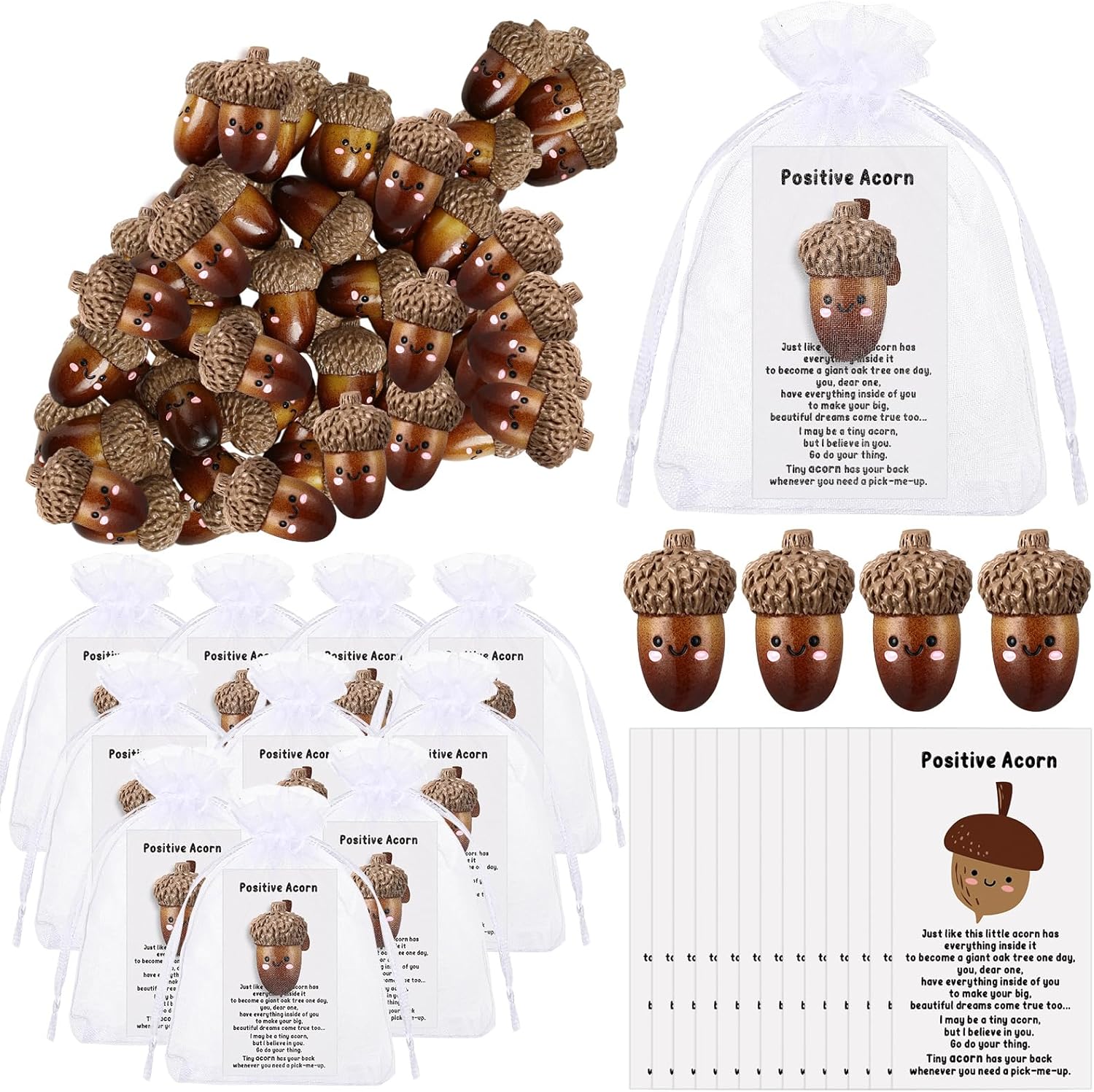 Huwena 100 Set Fall Thanksgiving Party Favor Bulk Artificial Fake Resin Acorn Decor with Positive Card Employee Appreciation Gift for Goodie Bag Stuffer Friendsgiving Coworker Team (Acorn)