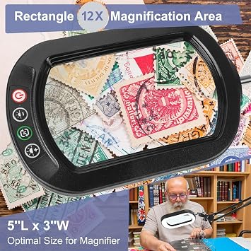 12 x Magnifying Glass with Light and Clamp LED Real Glass Magnifier with Light and Stand 5 Colour Modes Dimmable Reading Magnifier for Seniors Large Swivel Arm Magnifier Hands-Free for Crafts Hobby Painting Close Work