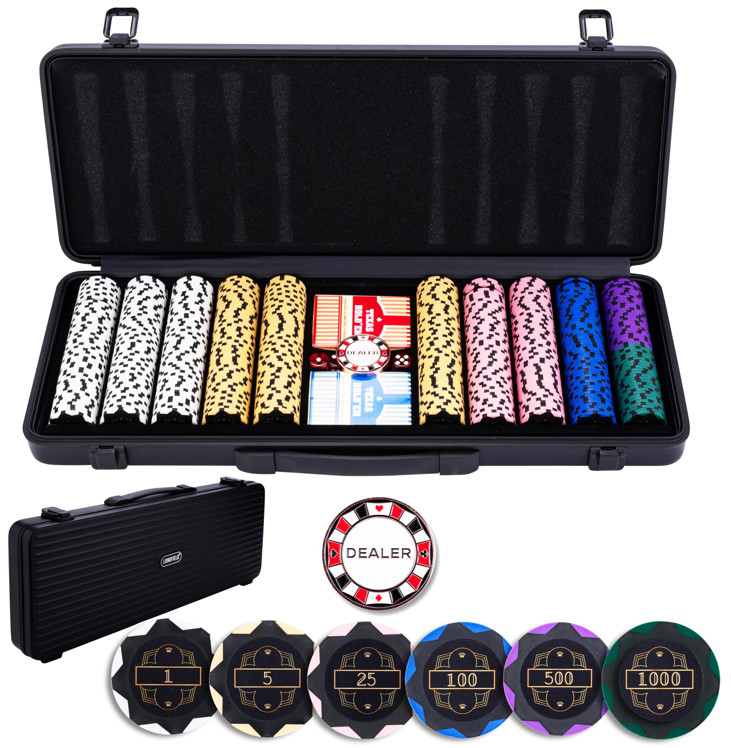 Engelhart - 320961 - Poker Set - Black Metal Case - 500 14g Numbered Chips (1 to 1000) + 2 Card Games, 1 Dealer Button, 5 Dice