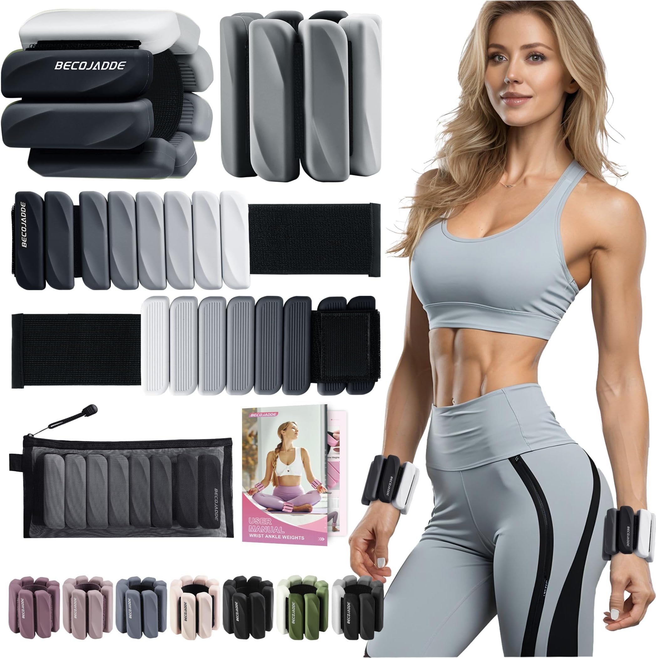 Ankle Weights Set of 2(1 lb/2 lbs Each) for Women Men Adjustable Wrist Bracelet for Home Gym Weighted Bangles Wristbands Leg Arm Weights for Walking Swimming Running Pilates Yoga Gym