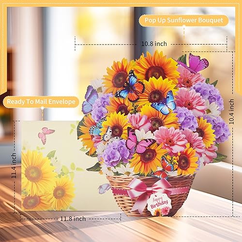 Miniatura 7 de Tarjetas de cumpleaños con música y luces, tarjeta desplegable de feliz cumpleaños, girasol y mariposa, ramo de flores de tamaño real de 10