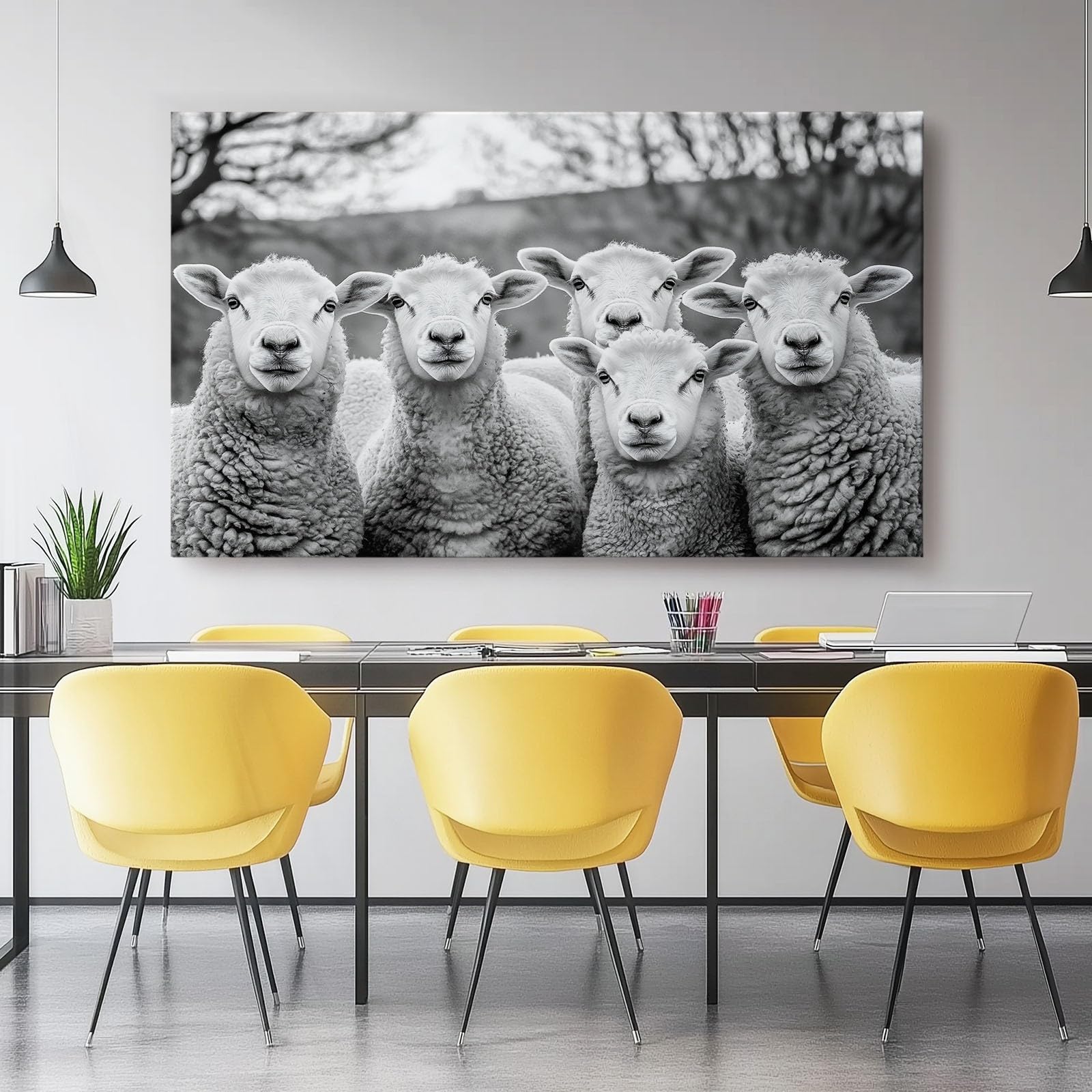 Quadro su Tela per Arredamento casa, Moderno, Bianco e Nero, per Bagno e Ufficio, con Dipinti e fotografie di Pecore, Stampa Artistica 100L x 50W cm