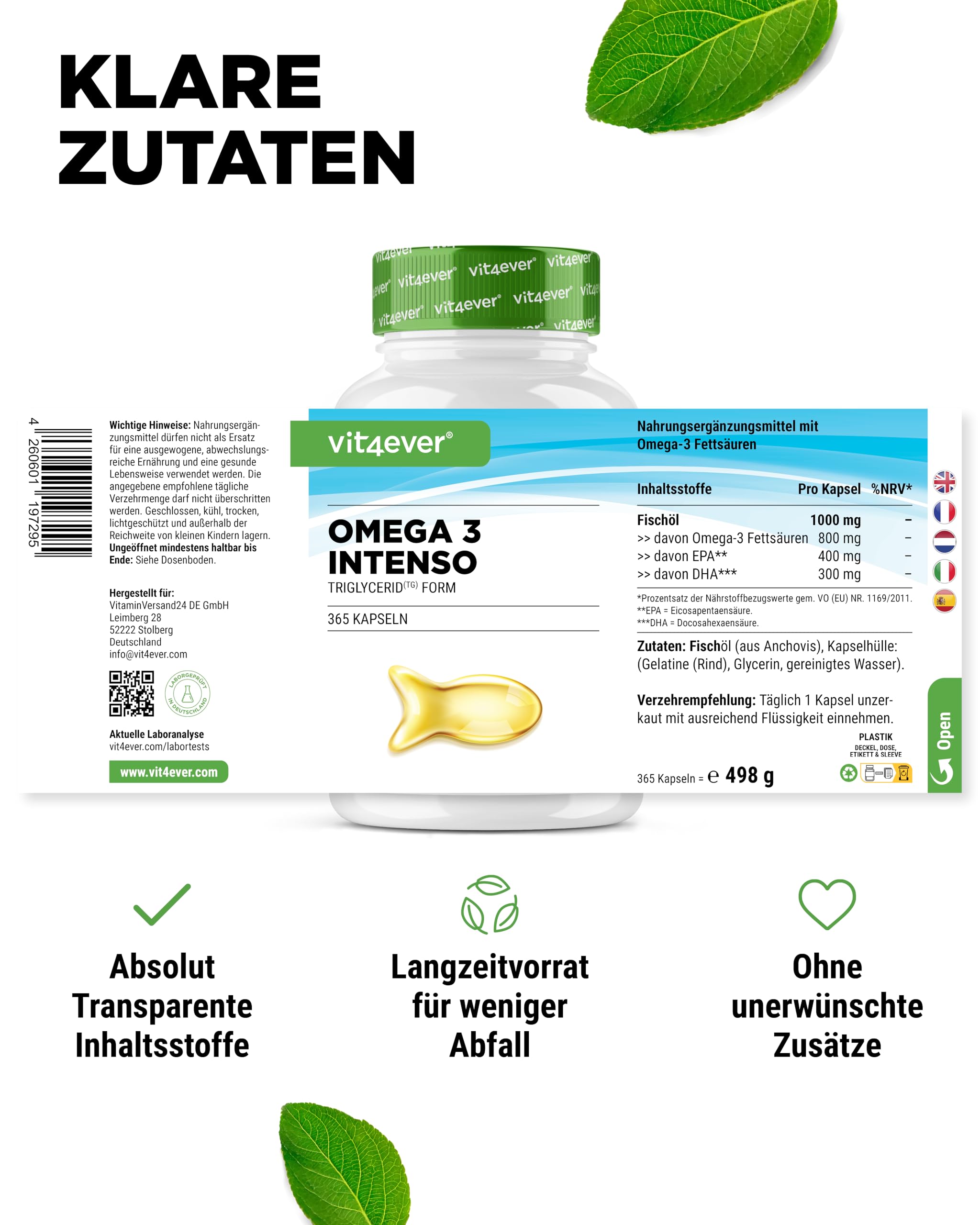 vit4ever Premium Omega 3-80% Omega-3-Fettsäuren - 365 Kapseln | 1000 mg Fischöl mit 400 mg EPA & 300 mg DHA - Triglycerid-Form - aufwendig gereinigt - nachhaltig - Laborgeprüft