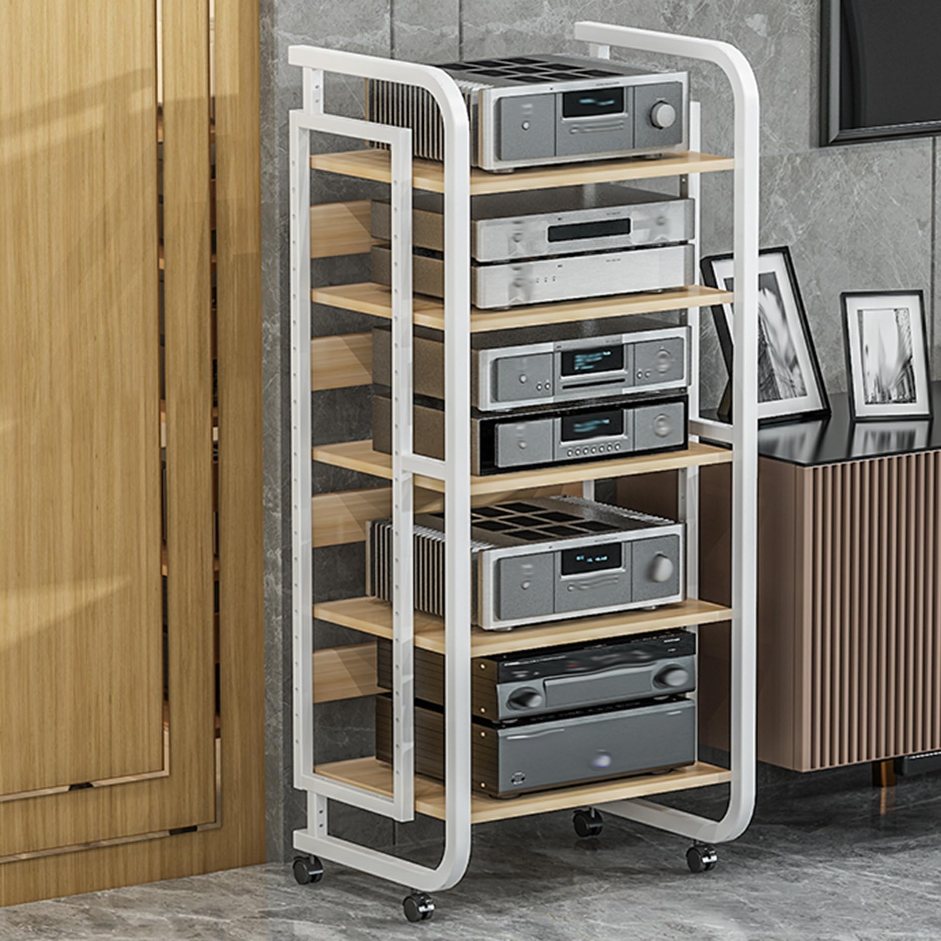 Multimedialny stojak Av 4/5-poziomowy drewniany gramofon stojak stereo konsola audio-wideo do przechowywania płyt CD/DVD centrum rozrywki dla domu i biura, bianco-50 x 42,5 x 110 cm