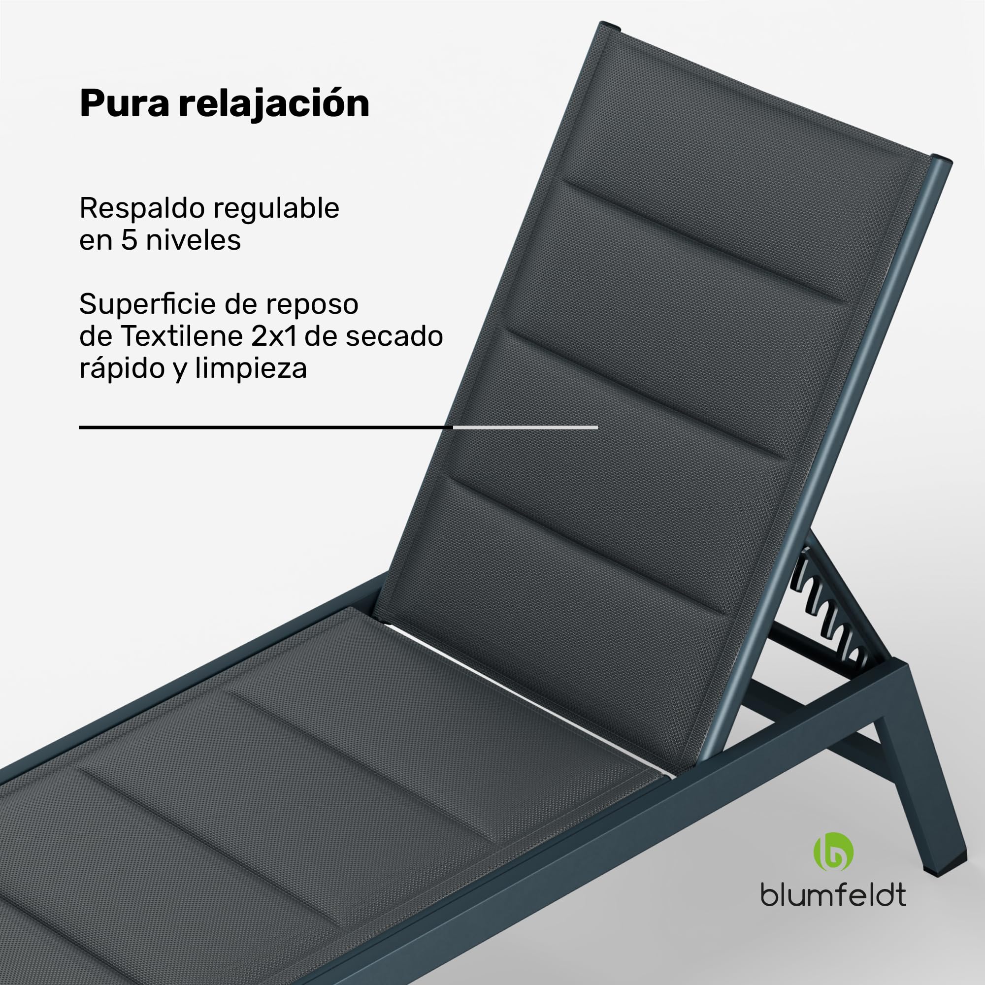 blumfeldt Renazzo Lounge - Tumbona de jardín, 186 x 56 cm, Respaldo de Altura Regulable, Impermeable y Acolchada, Malla ComfortMesh, Antracita