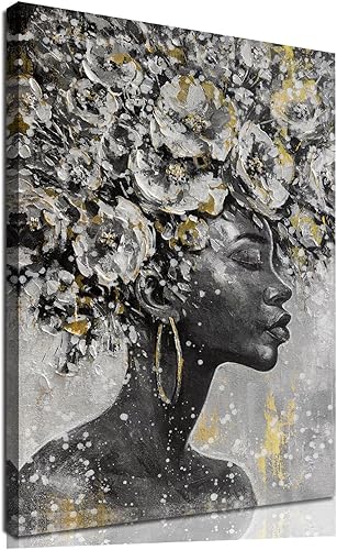 MLART99 Pósteres afroamericanos de mujer negra, arte de pared, lienzo floral dorado y blanco, ilustraciones para sala de estar, impresiones
