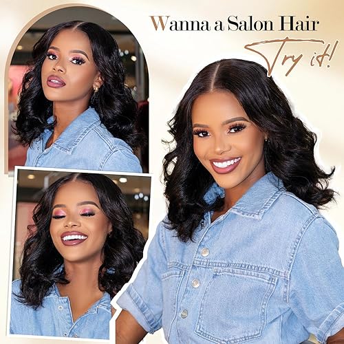 Miniatura 5 de WIGER Pelucas cortas onduladas para mujer, peluca de cabello ondulado negro de 16 pulgadas, raya al medio, longitud del hombro, pelucas cortas