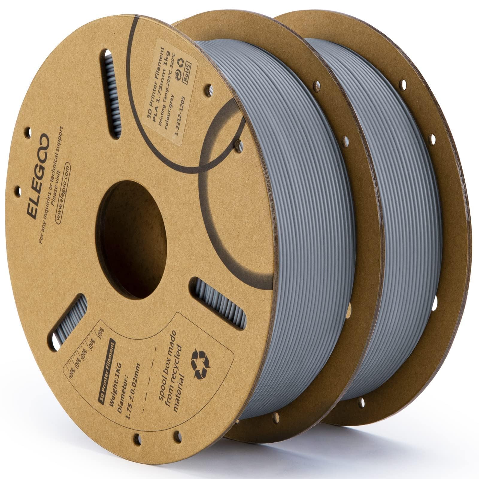 ELEGOO PLA Filament 1.75mm Gray 2KG, 3D Printer Dimensional Accuracy +/- 0.02mm, 2 Pack 1kg Cardboard Spool (2.2lbs) Fits Most FDM 3D Printers
