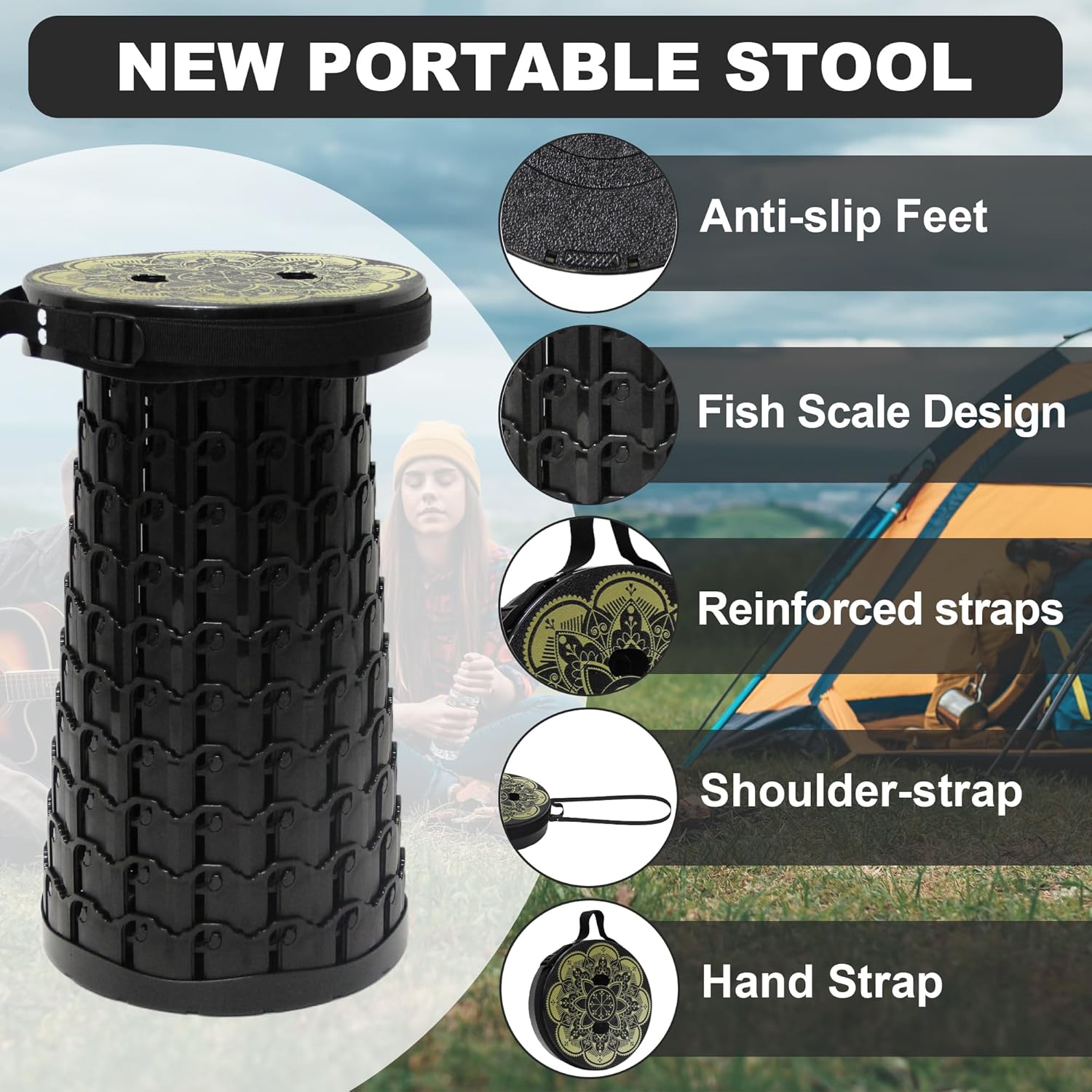 Portable Stool with Swivel Cushion Bag&Carabiner,H 18.1" Collapsible More Sturdy and Lightweight Camping Telescoping Stool for Mountain Hiking BBQ,Max Load Capacity 600LBs