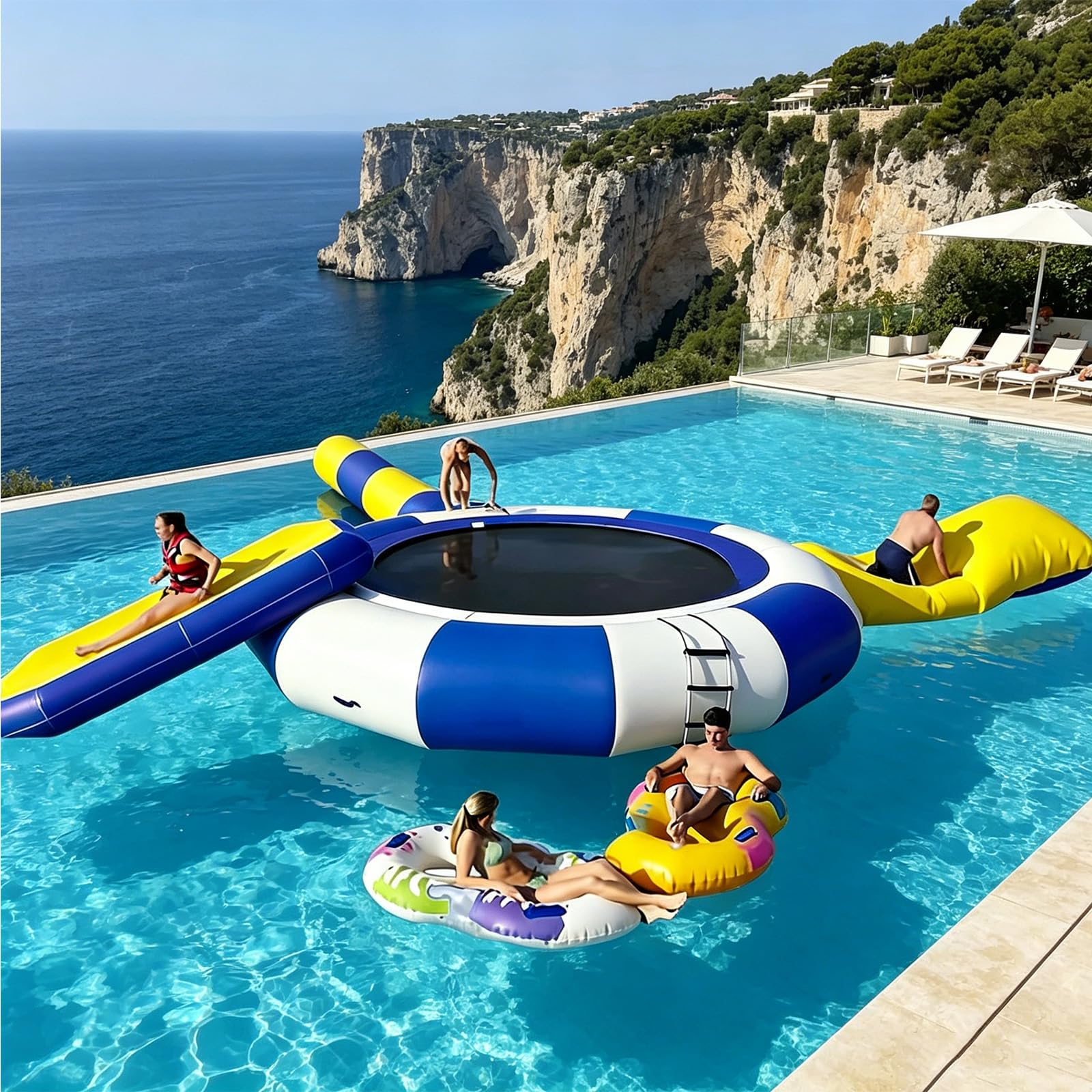NSACMD Water Trampoline for Lakes & Pools, Available in 10/13/16FT – Heavy Duty Platform with Slide, Launch Blob, And Swim Ladder, Perfect for Teens & Adults Water Park.