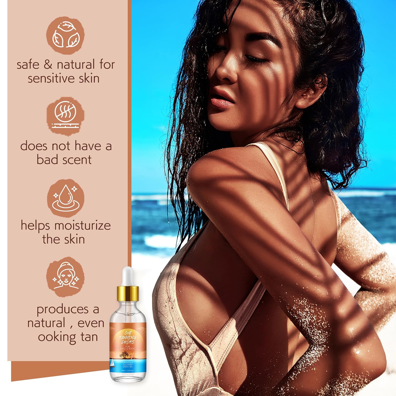 Gotas autobronceadoras: seguras y efectivas para la cara y el cuerpo|Gotas de bronceado 100% naturales con ingredientes orgánicos|Gotas bronceadoras para la cara con crema hidratante|Vegano y cruel