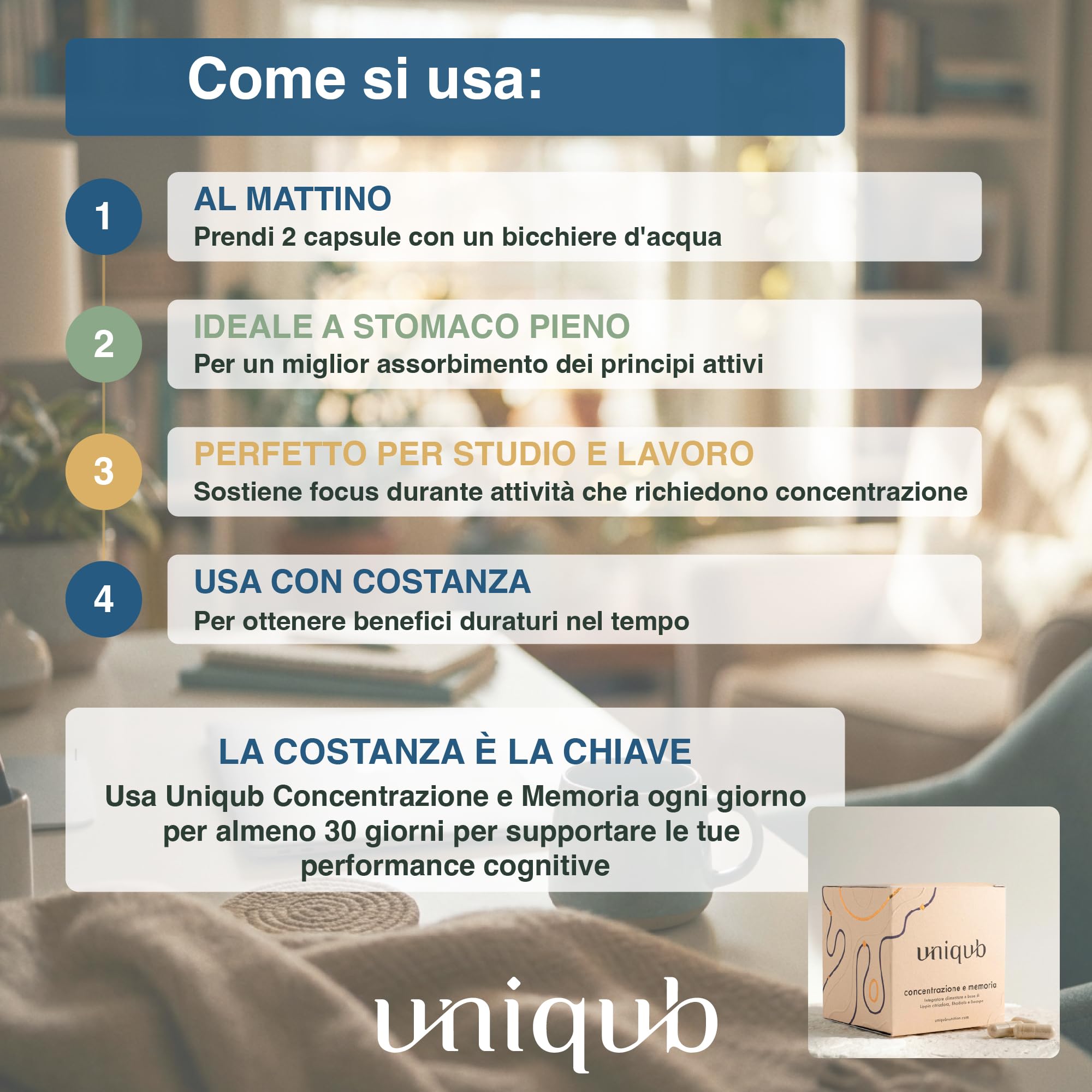 Integratore Concentrazione e Memoria Migliora l'umore Con Rhodiola Rosea Bacopa Monnieri Lippia Citriodora 60 capsule Vegetali 100% Naturale Uniqub