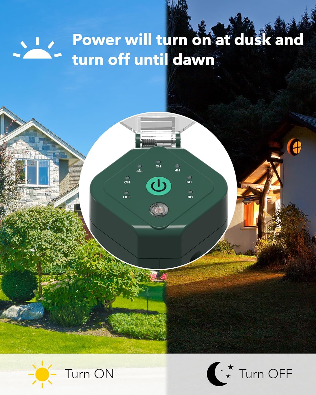 HBN Outdoor Power Strip Timer with Photocell, Countdown Yard Stake(2, 4, 6, 8 Hour),Outside Lights Timer Dusk to Dawn,Weatherproof Extension Cord for Halloween/Christmas Decoration Lights, 6 Outlets