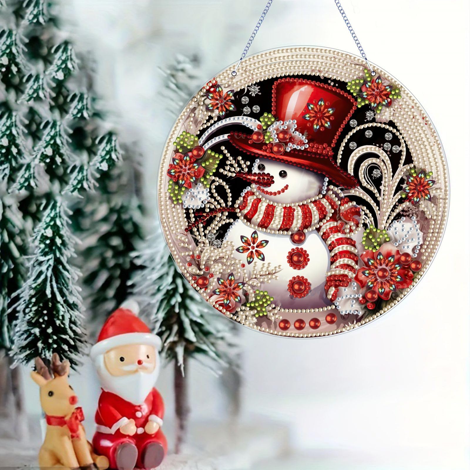 Christmas Snowman Diamond Art Painting Kit - Double Sided 5D Rhinestone Window Hanging Craft