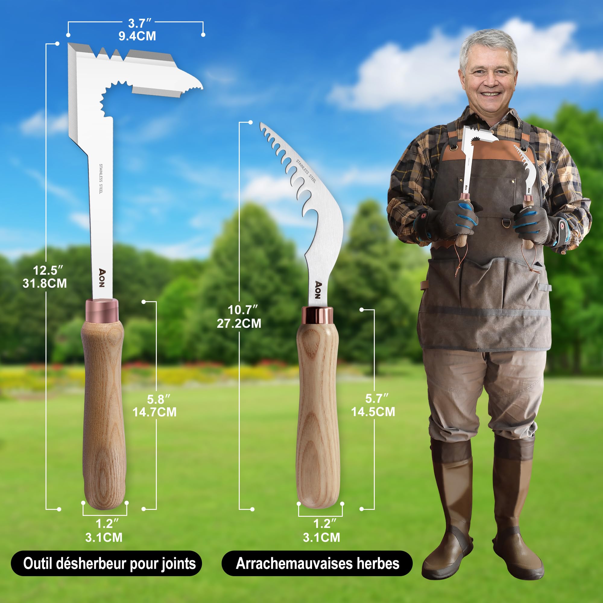 AON Set de 2 Désherbeurs Manuels Couteau Désherbeur Manuel en Acier Traité, Manches en Bois de Frêne, Idéal pour Jardins et Pelouses, Élimine avec Précision et Efficacité Mauvaises Herbes et Racines