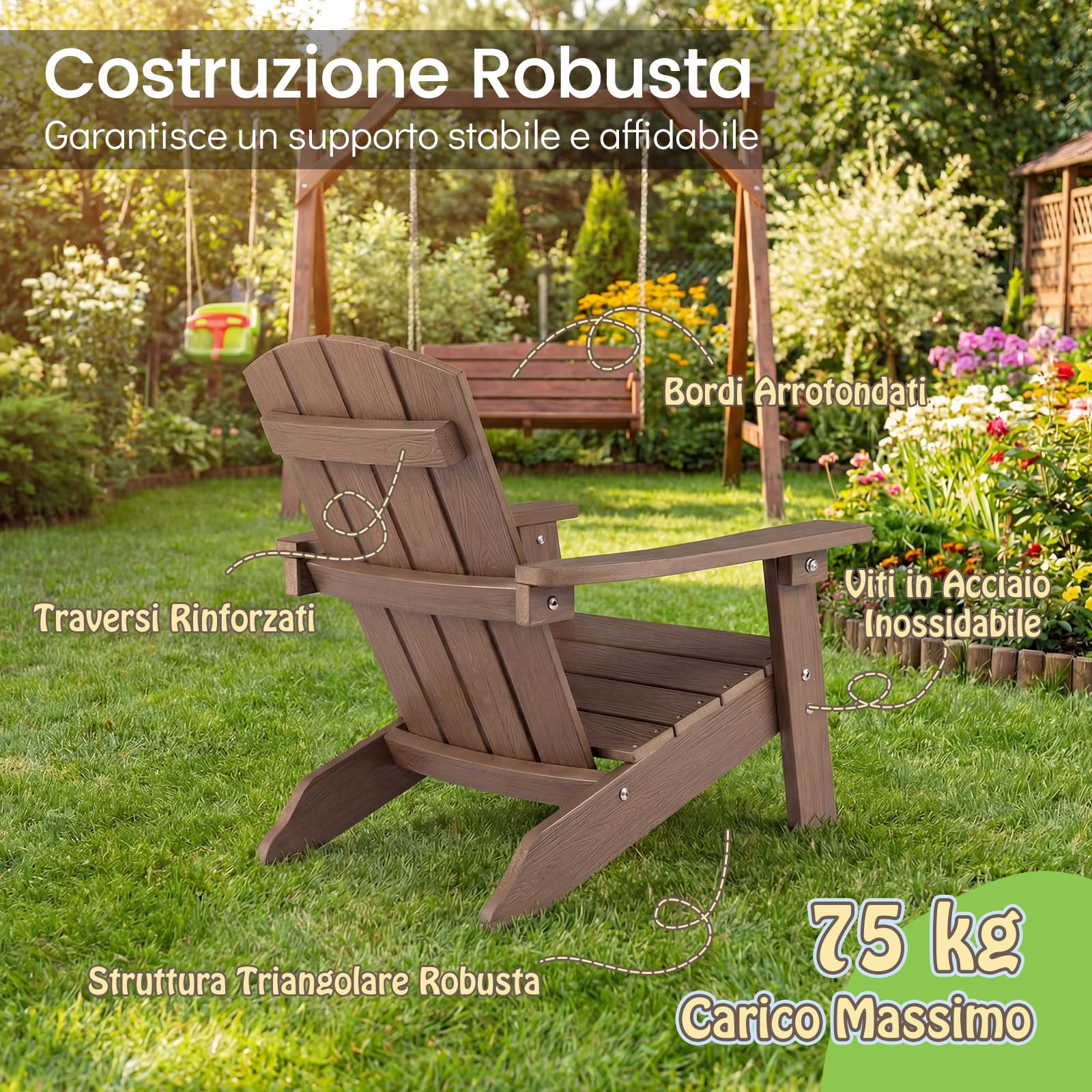 COSTWAY Sedia Adirondack per Bambini, Poltrona da Giardino in Plastica Resistente alle Intemperie con Schienale a Doghe Inclinato, Sedia Adirondack per Patio e Balcone, Portata 75 kg (Marrone)