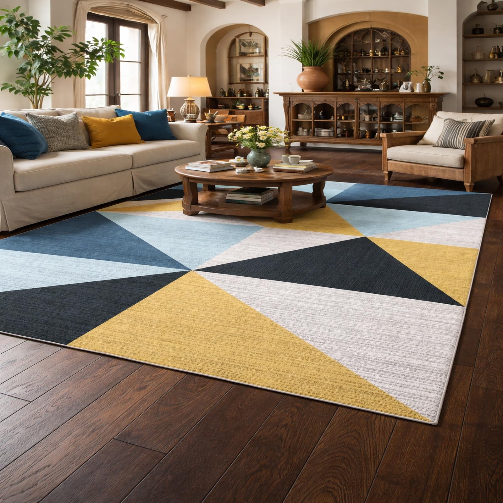 Tapis de salon poil ras bleu 180x270 cm moderne géométrique