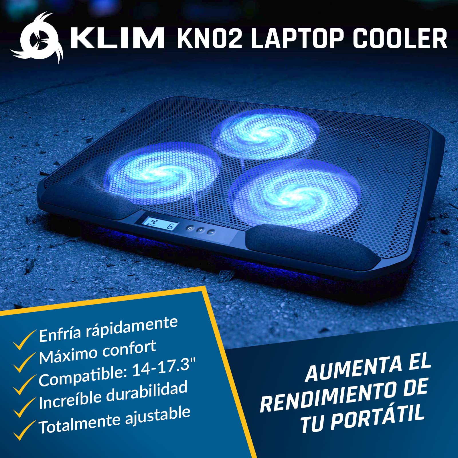 KLIM KN02 Base refrigeradora portátil - Innovador reposamuñecas acolchado - Silencioso ventilador portátil de alta velocidad (1500 RPM) - Compatible 11 a 17 pulgadas - Garantía de 5 años - NUEVO