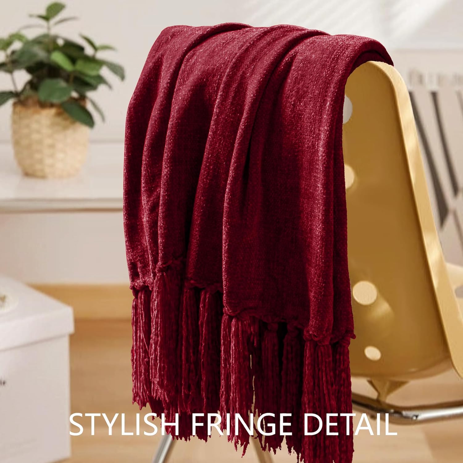 Chenille Throw Blanket for Couch 50"X 60", Soft Cozy Throws with Fringe Tassel for Bed Sofa Chair Cover, Lightweight Knitted Decorative Boho Blankets for Living Room, Red - Image 3