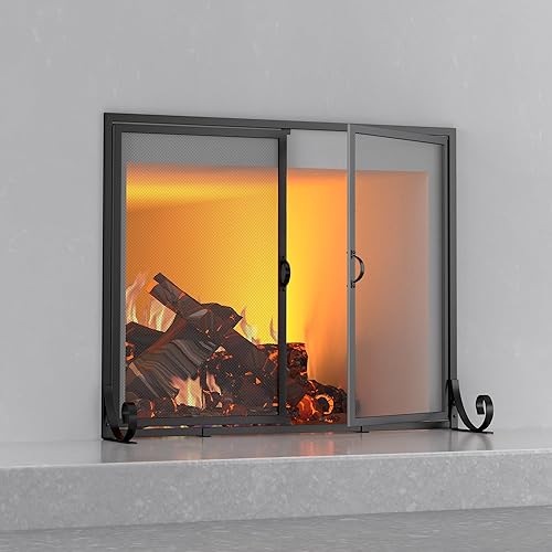 Fire Beauty Pantalla de chimenea con puertas con bisagras, marco de acero recubierto de polvo, malla de metal, acero sólido hecho a mano, diseño