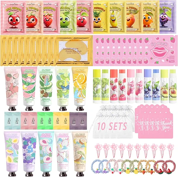 100Pcs Spa Party Supplies for Girls,Spa Party Favors Skincare Fruit Face Masks,Lip Masks,Under Eye Patches,Hand Cream,Lip Balm,Thank You Gifts Bulk,Spa Birthday Sleepover Party Supplies for Women