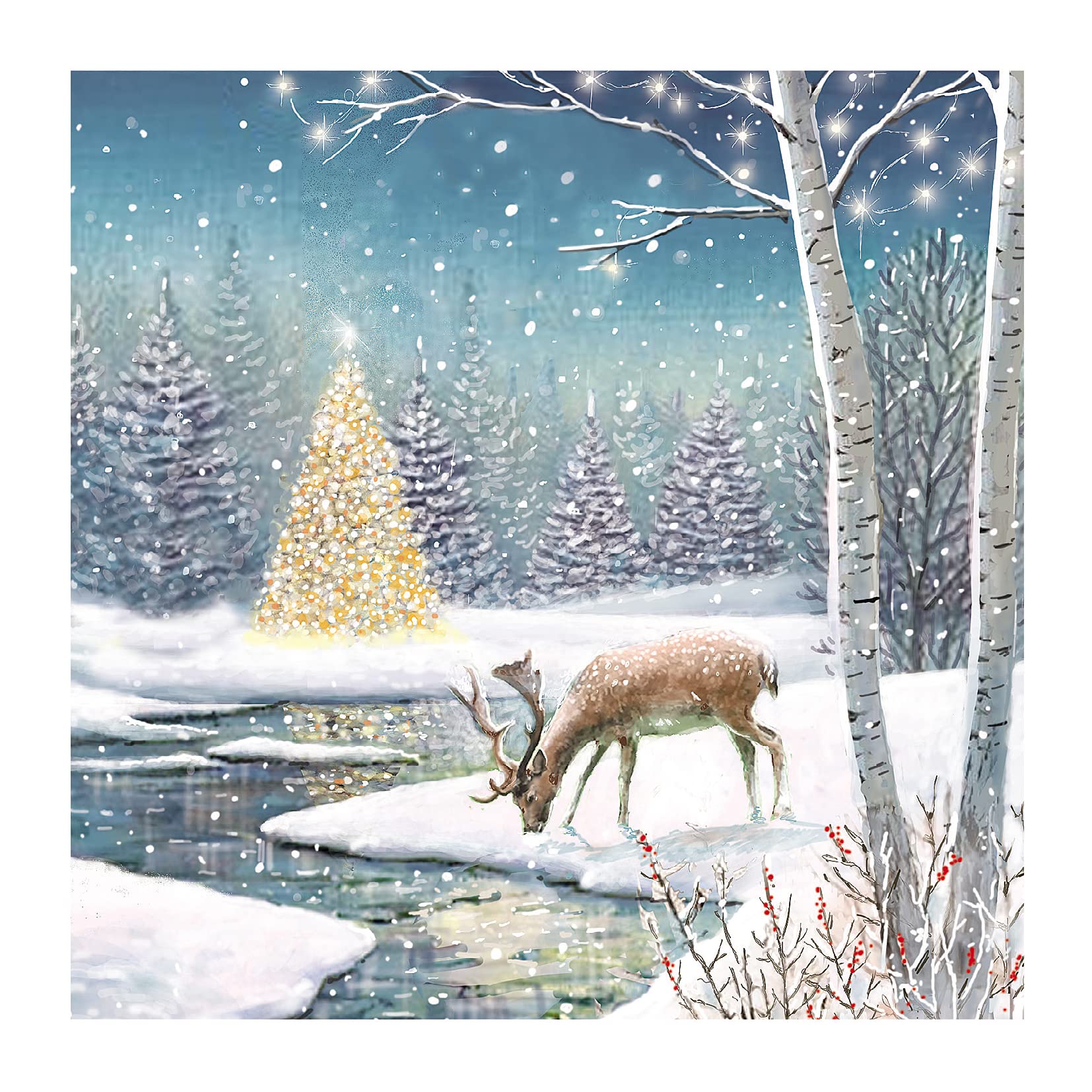 Ling Design Pack of 6 Charity Christmas Cards - 'Forest in the Snow' - Attractive Design with Deer and Christmas Tree - 6 Cards of 1 Design