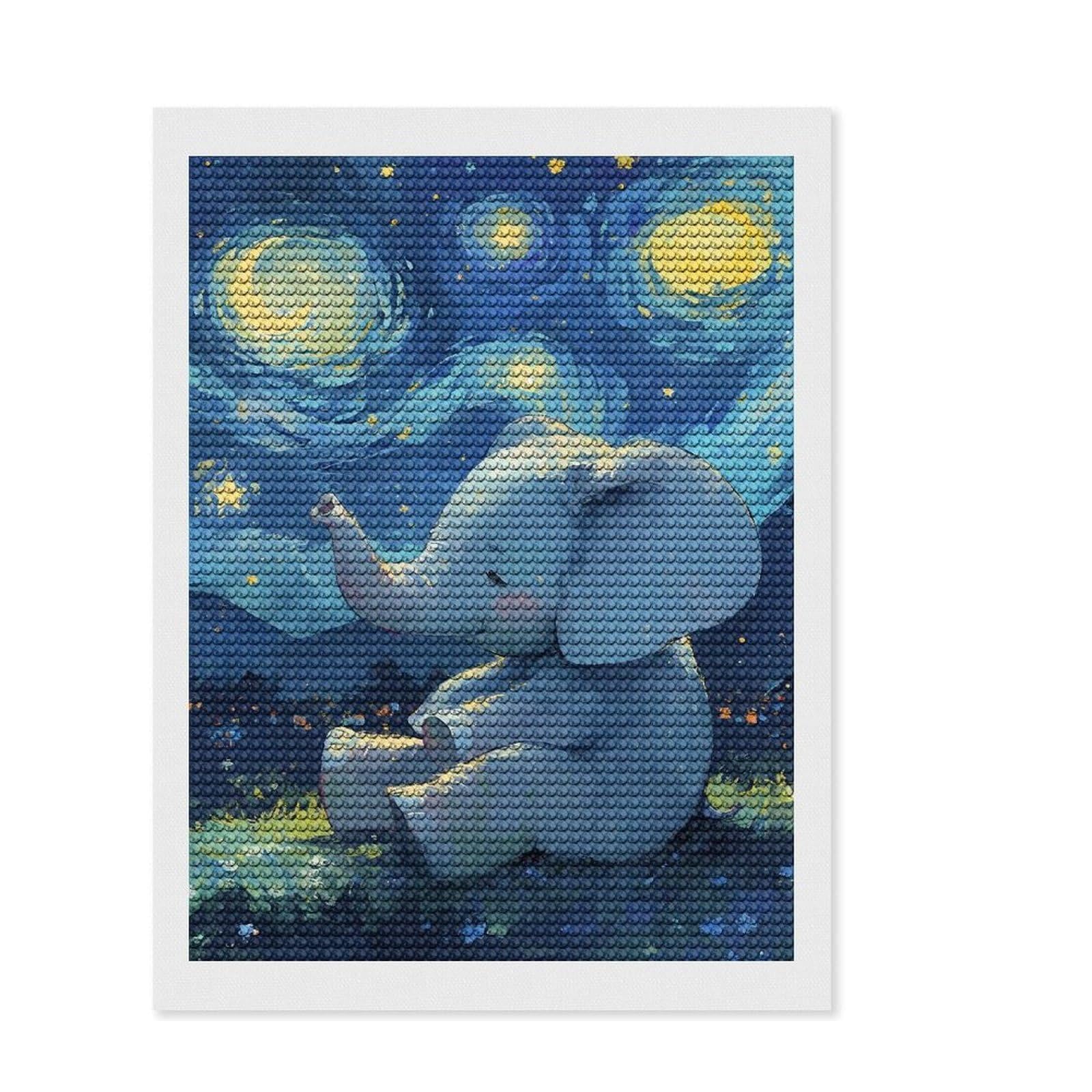 Junmoney Elephant Under Starry Night Sky Diamond Art Canvas 12"x16", Birthday Gift, for Family Craft Time, with Tool Kit, Cosy Home Accent, Full Kit Included