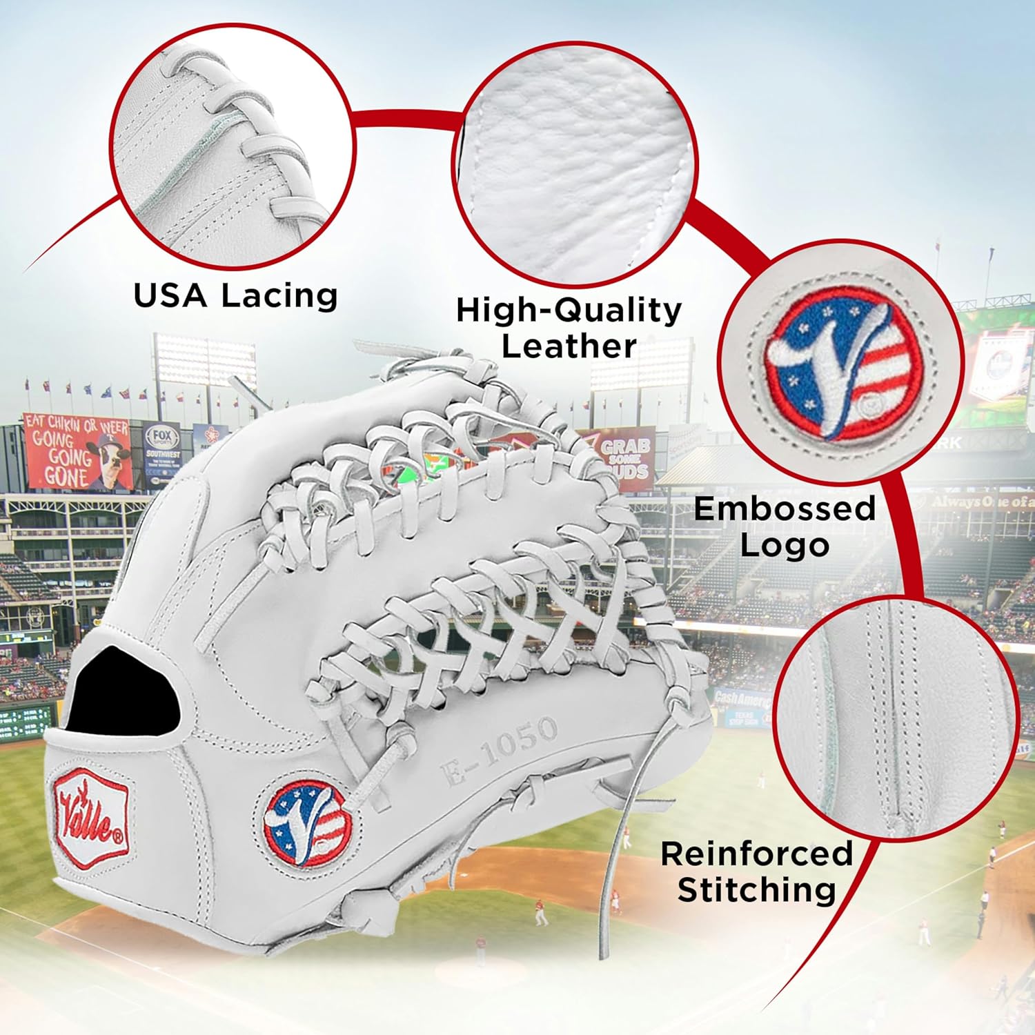 Valle Eagle 1050 Trapeze Web Baseball & Softball Outfield Training Glove for Left or Right Hand Throw - Sure Catch Leather Mitt for Adult Men & Women, Advanced Gear for Outfielders - White, 10.5”