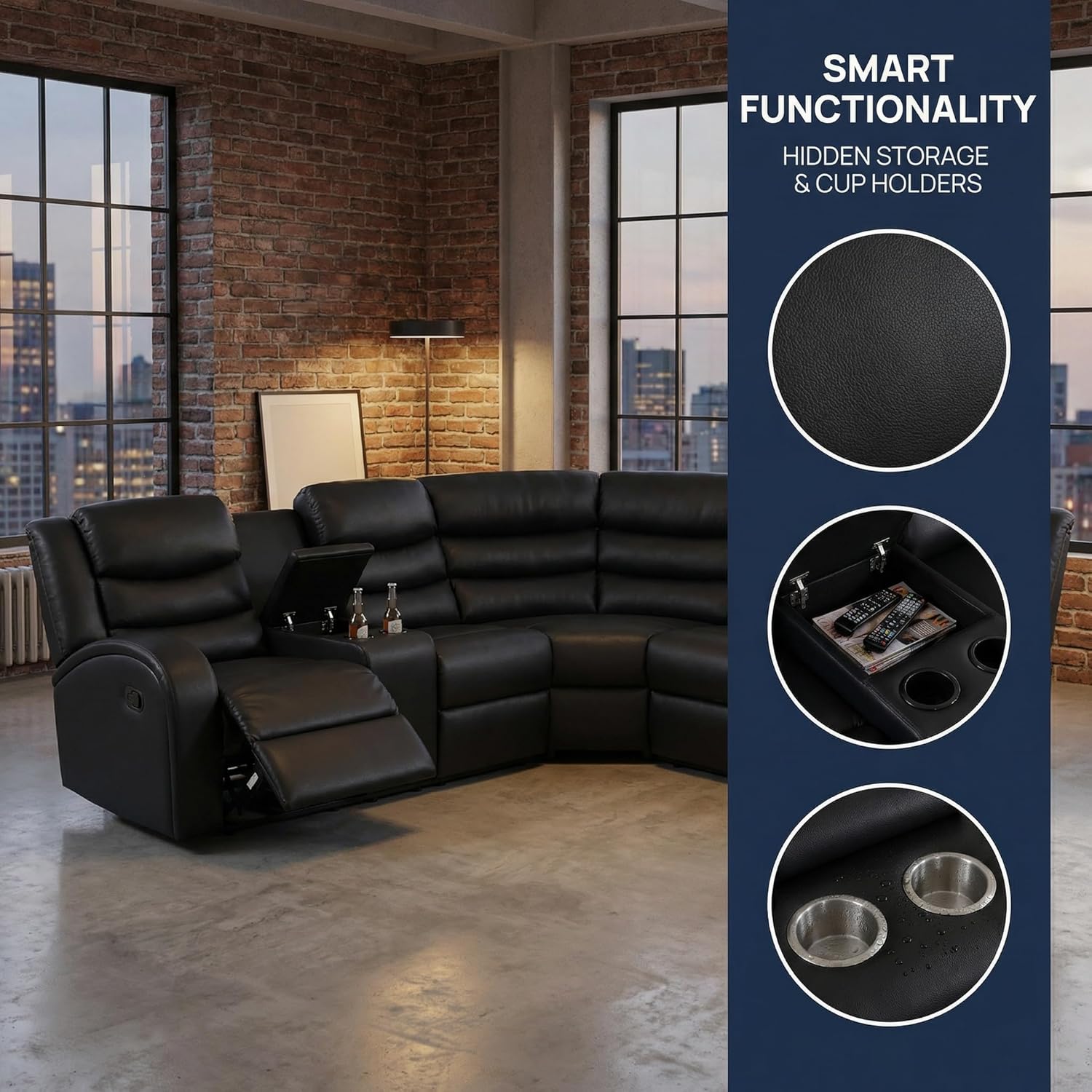 Manual Recliner Sectional Sofa,Living Room Furniture Set, 5-Seater Black Manual Sectional Sofa, Breathing Leather Recliner Couch Sets with Cupholders, Cup Holders, Storage for Office/Home