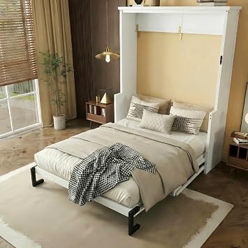 SOFTSEA Queen Size Murphy Bed Cabinet with Shelf, Space-Saving Foldable Wall Bed Frame, Solid Wood Hideaway Murphy Bed for Bedroom or Small Spaces, White