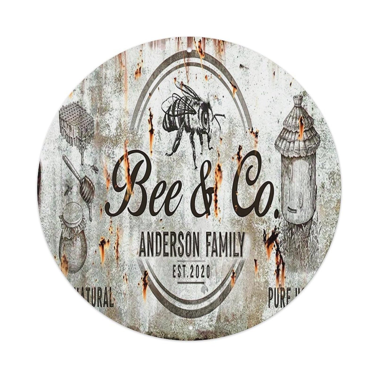 Bee And Co Honey Jar Vintage Round Tin Sign Retro Metal Wall Decor Metal Poster, Home Bar Garage Cafe Wall Art Decoration 8x8Inches