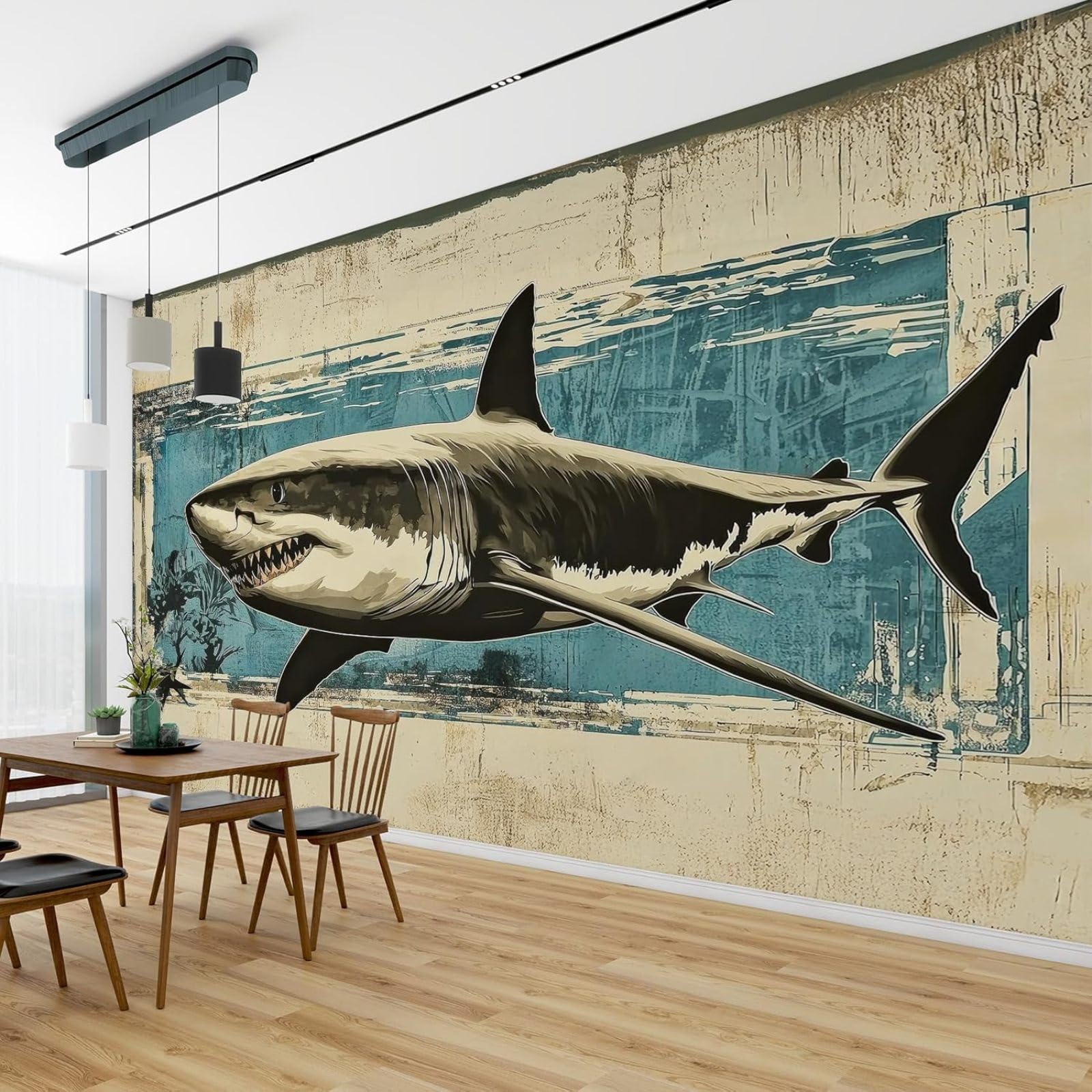 Fototapeta z motywem rekina, do pokoju dziecięcego, 3D, morskie stworzenia 3D, niebiesko-beżowa tapeta do salonu, dekoracja ścienna do pokoju dziecięcego, 300 cm x 210 cm