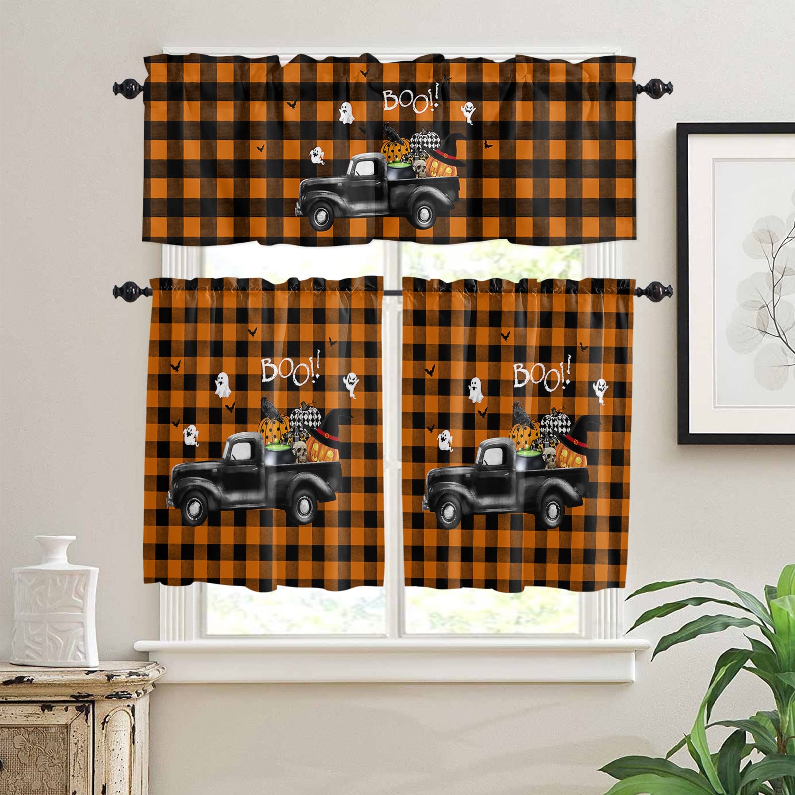DoremiHome 3pc Kitchen Curtain Tier & Valance Set Black Truck Halloween Boo Letters Rod Pocket Kitchen Curtain Set Short Window Treatment Spooky Bat Orange Plaid Valance Tiers 24" Length