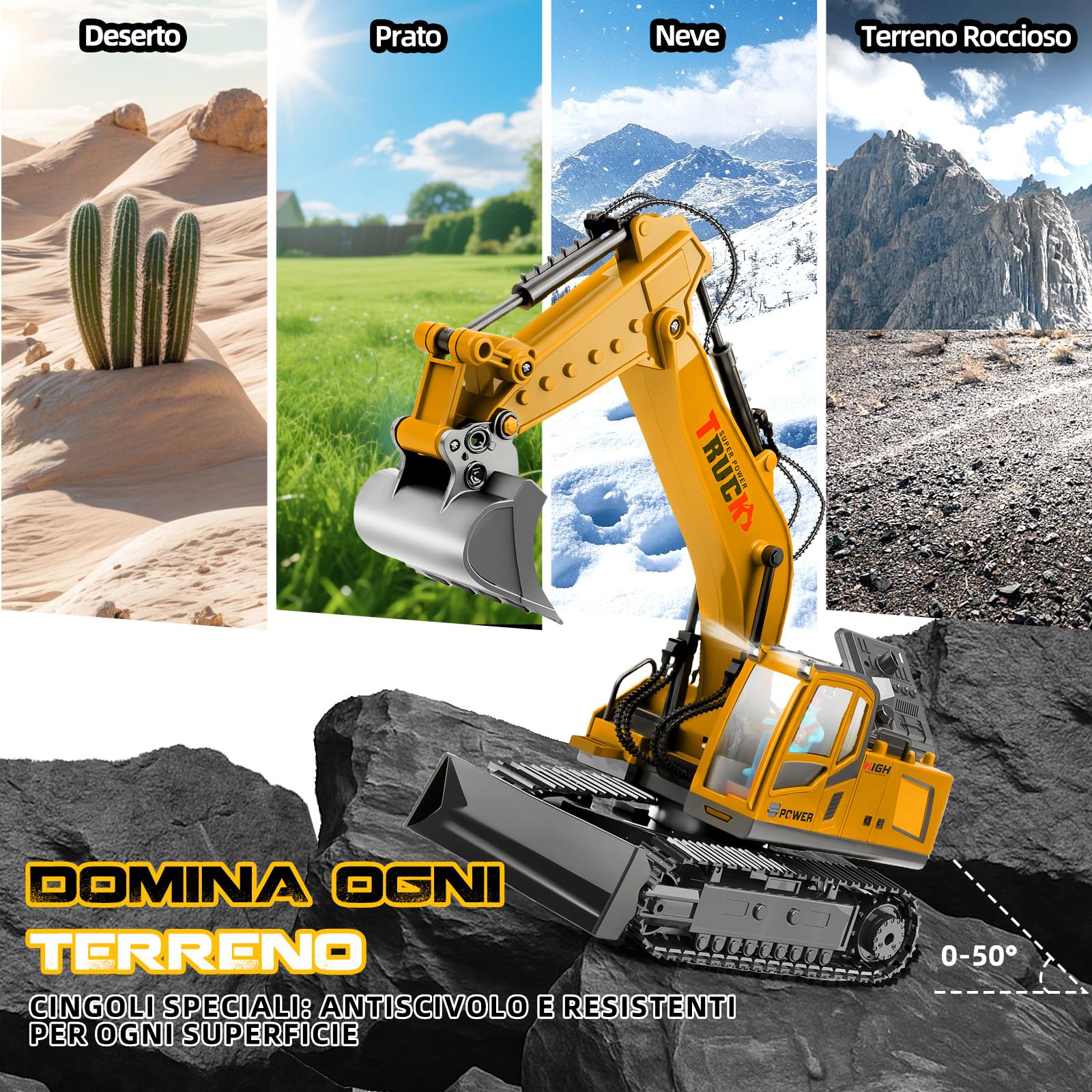 Cheffery Escavatore Radiocomandato, Escavatore Telecomandato Bambini 17 Canali 2,4 GHz Ruspa Telecomandata con Pala Metallica, Driver, Spray, Luci e Suoni, Escavatores Giocattolo Per Bambino 3+ Anni