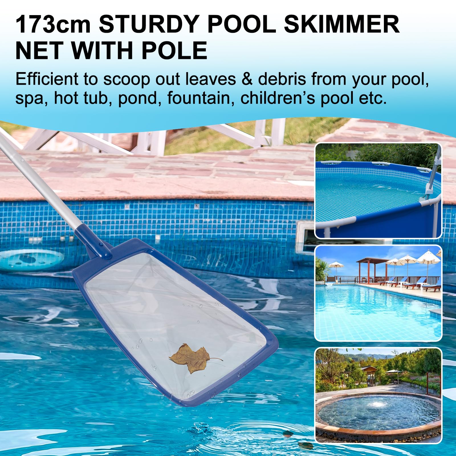 POOLAZA Épuisette Piscine avec Perche, épuisette Piscine à Maille Ultra-Fine, épuisette Semi-Profonde avec Perche Aluminium épaissi 173 cm, pour Piscine sur Terrain élevé, Spa et Bain à remoulement