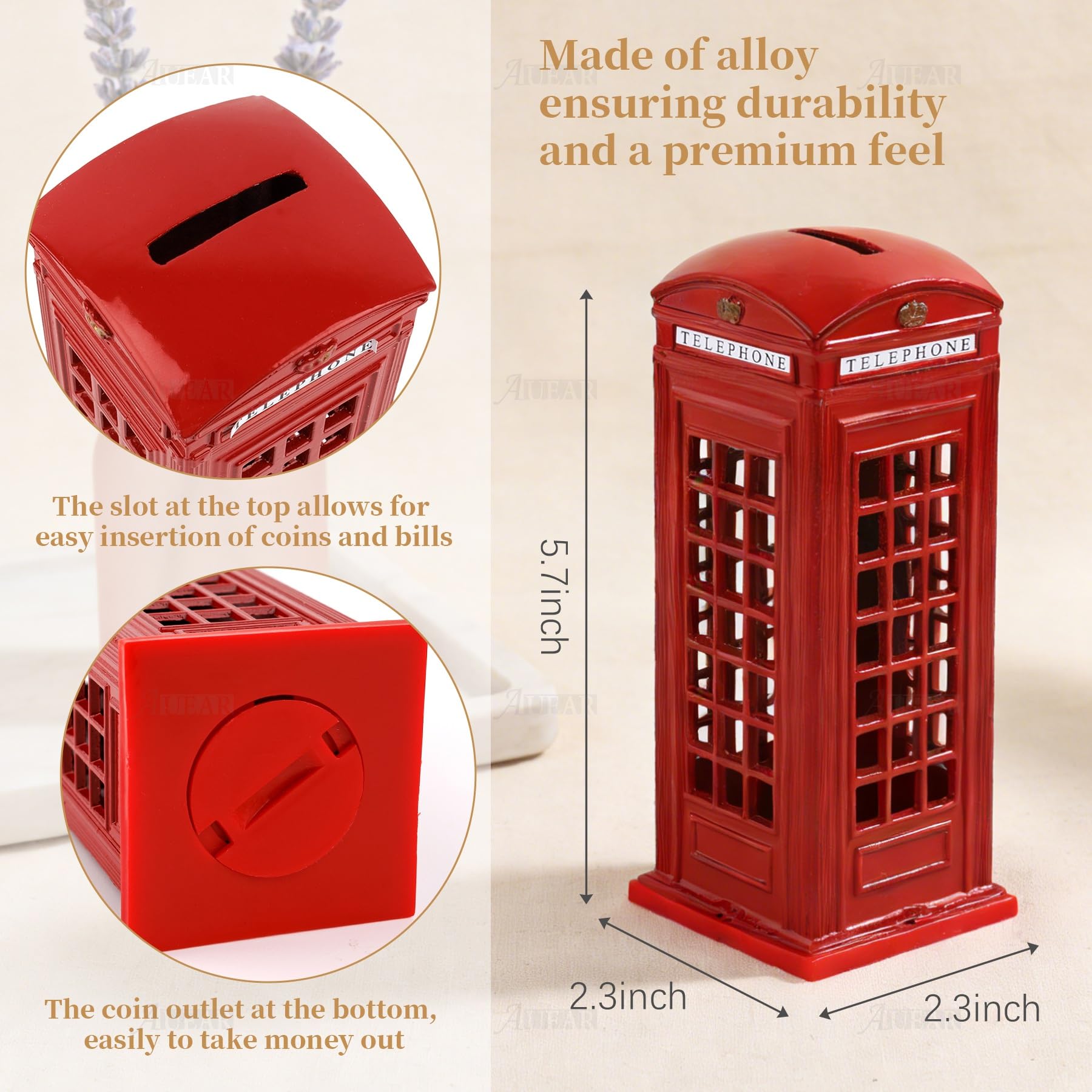 AUEAR, 1 Piece Delicate Red Telephone Booth Money Metal Alloy Piggy Bank London Street Coin Box Change Souvenir Gift Box — Amazon image 2