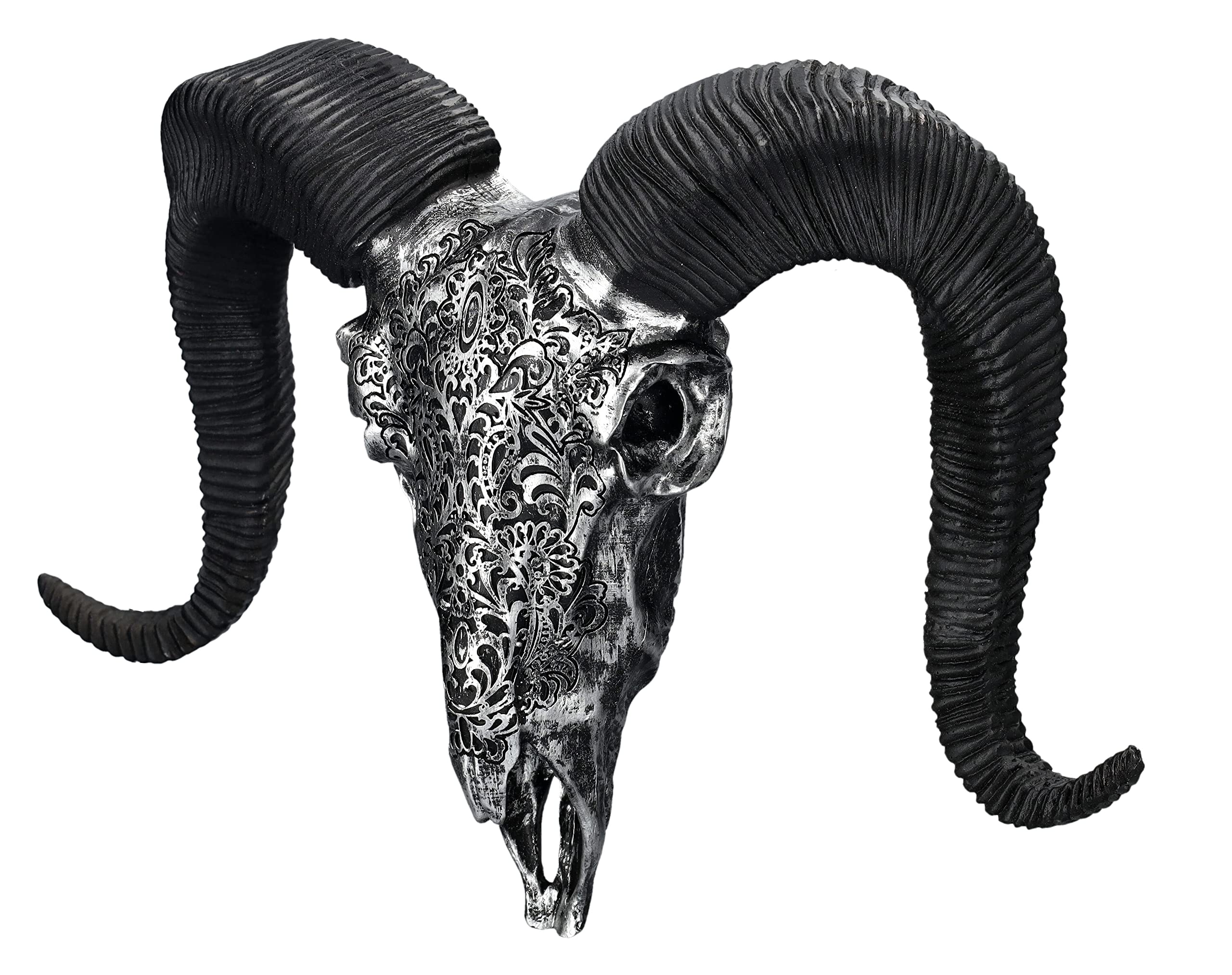 Pacific Giftware Trofeo en relieve de pared – Cráneo de carneros 29 cm con adornos plateados calavera con cuernos trofeo | Toro, cabeza de toro, ovejas largas