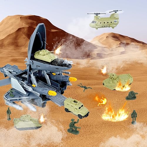 Miniatura 2 de CORPER TOYS Juguetes de transporte de aviones militares con helicóptero, tanque del ejército, juego de vehículos y soldados del ejército de