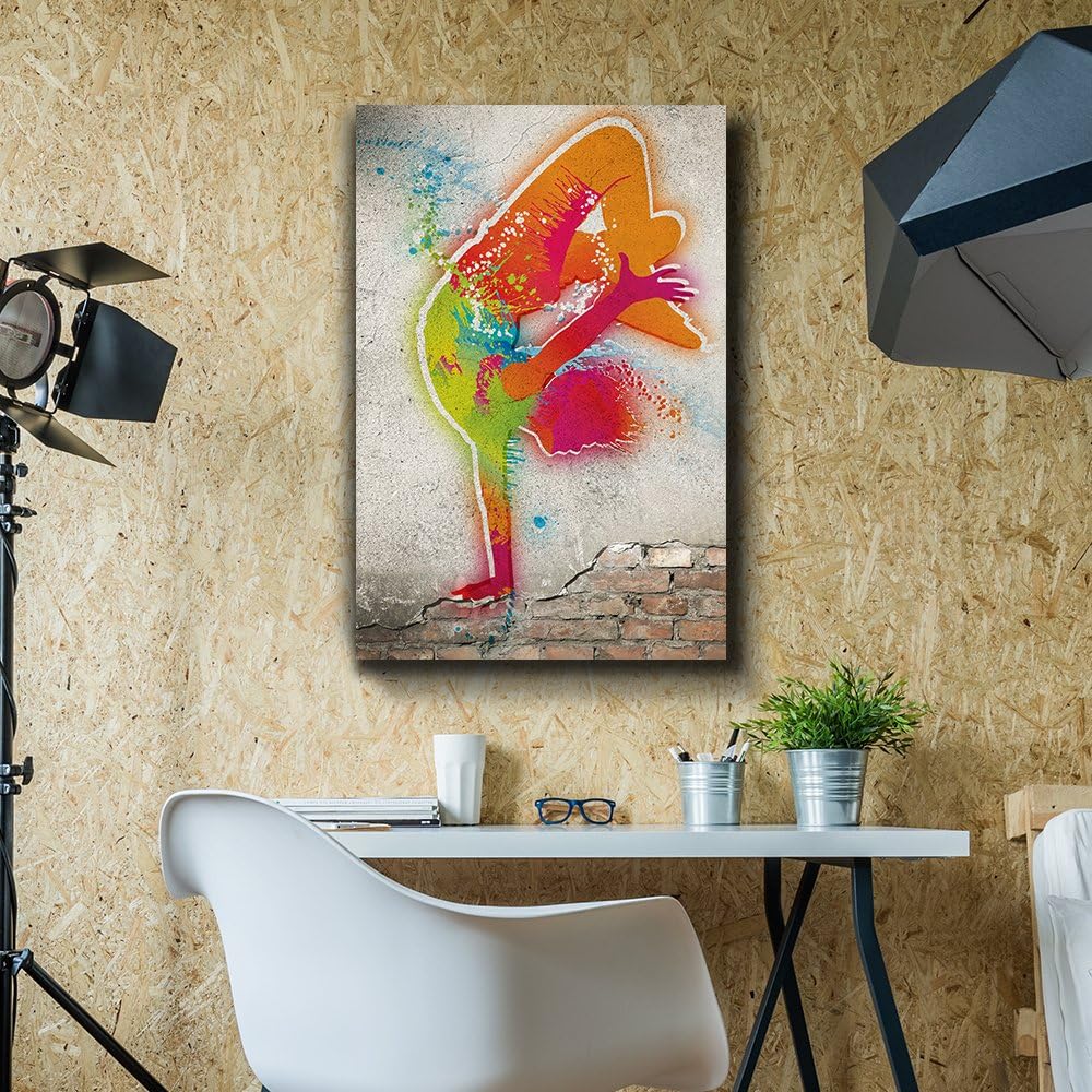 wall26 - Colorful Hip Hop Dancer on a Brick Wall Background - Canvas Art Home Art - 16x24 inches