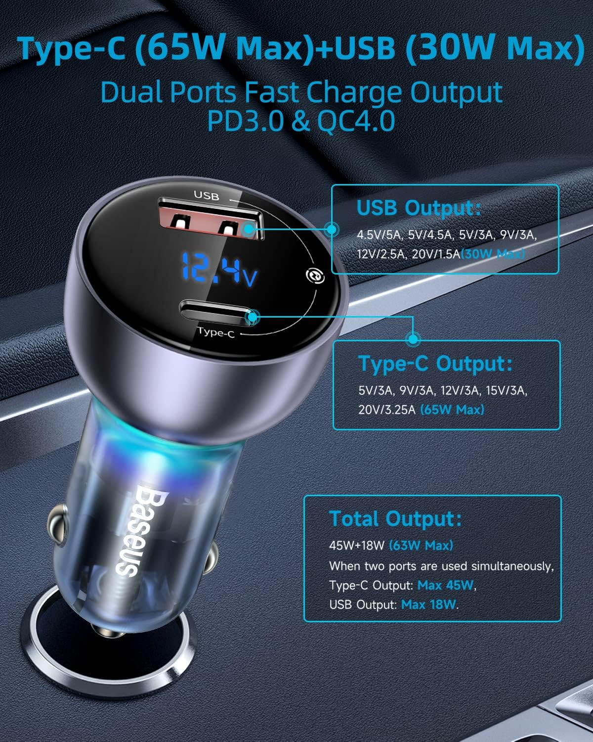 Baseus 65W USB C Car Charger with port specifications