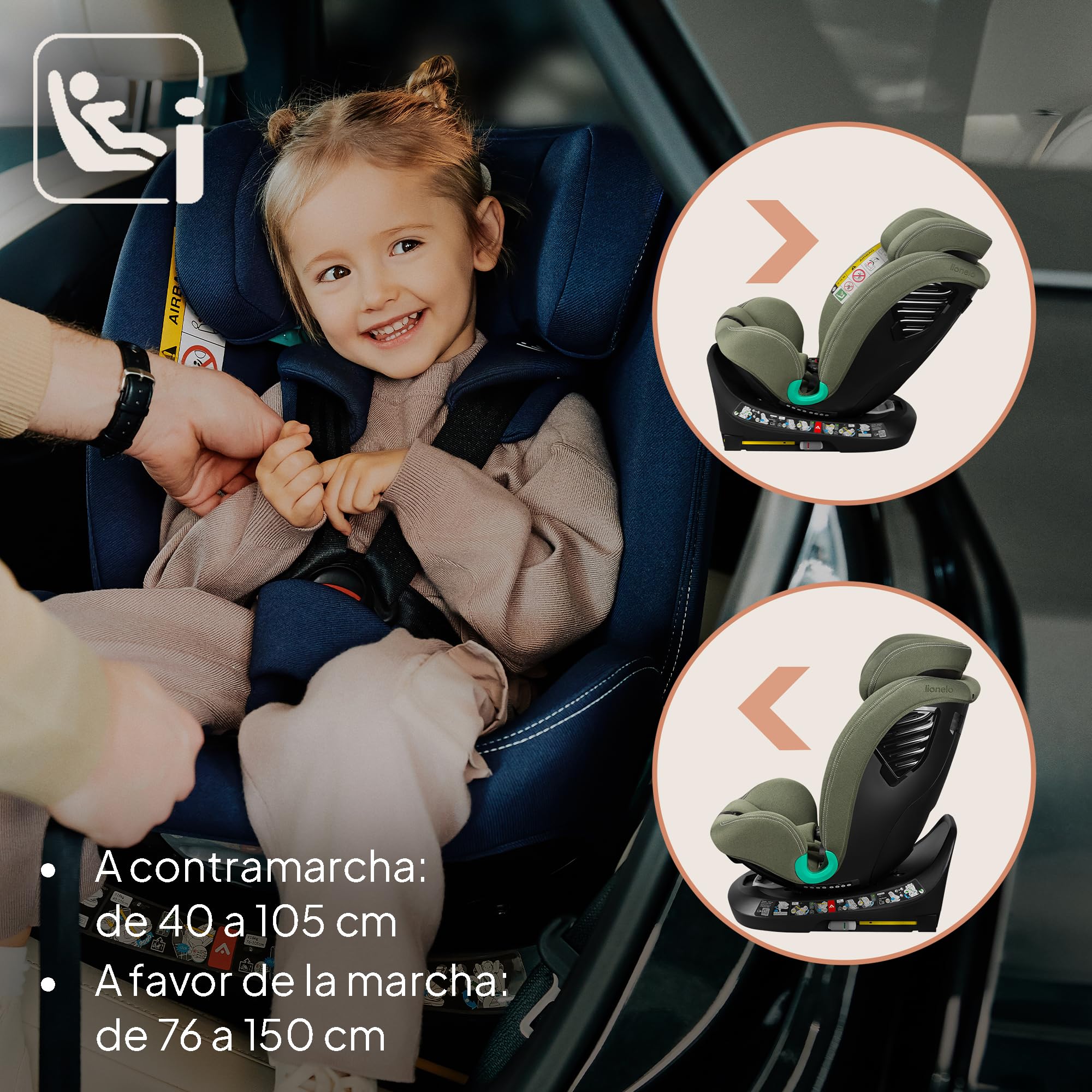 LIONELO Bastiaan i-Size One Silla de Coche Giratoria 360o para Niños de 40 a 50 cm Montaje hacia Delante y hacia Atrás, ISOFIX Cinturón TopTether Ajuste del Respaldo y Reposacabezas Protección lateral | Montaje en dirección de marcha y en sentido contrari