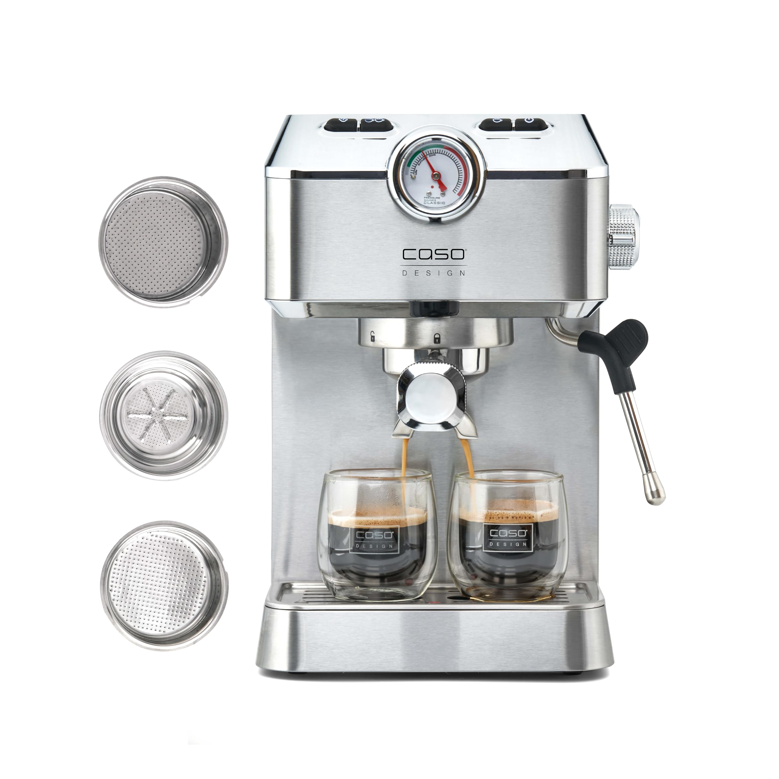 Caso Espresso Gourmet – Edelstahl-Siebträgermaschine (2 Tassen) mit 19-bar Ulka-Pumpe