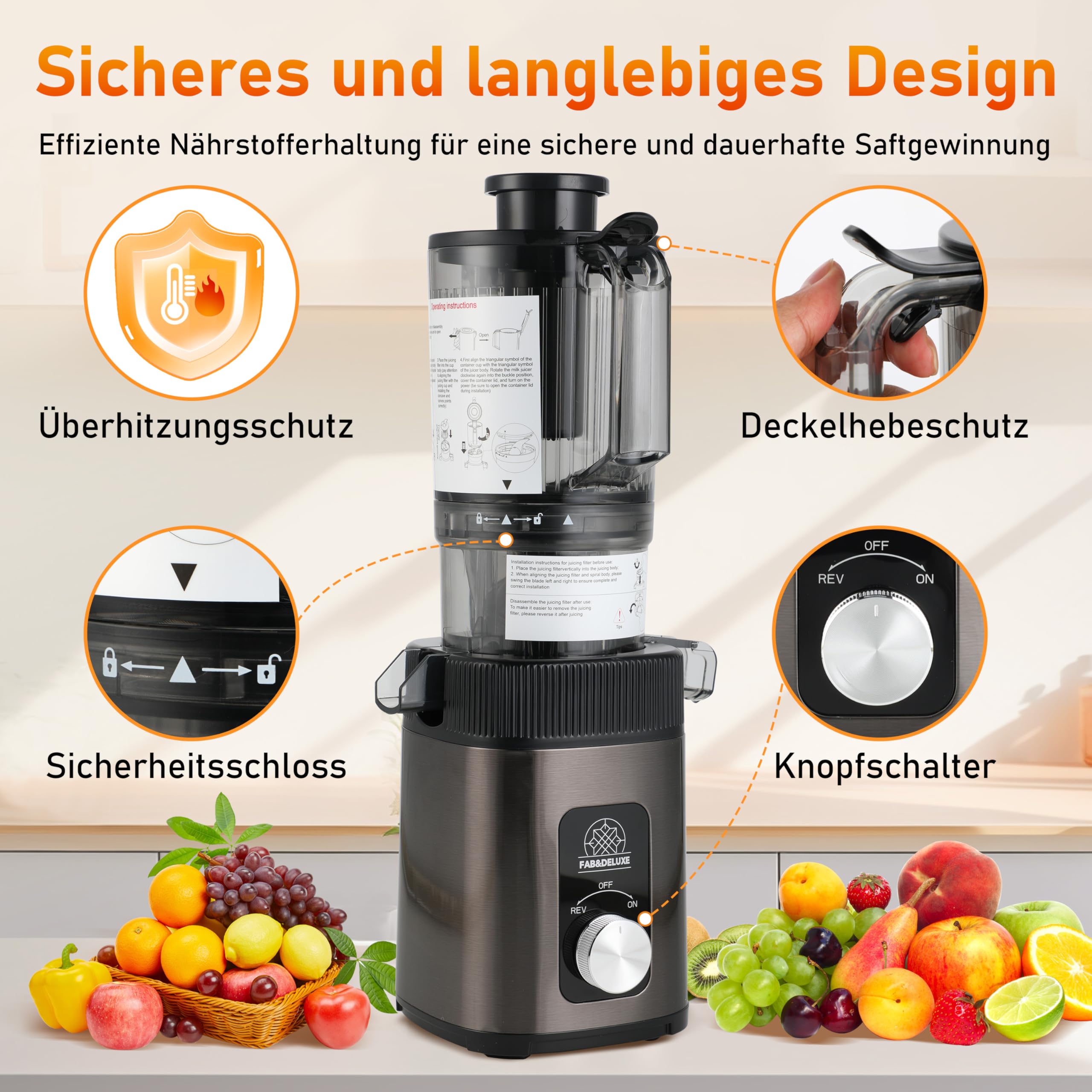 Kaltpresse, Entsafter, Entsafter mit 11,9 cm breitem Zuführungsschlauch, 99% hohe Leistung