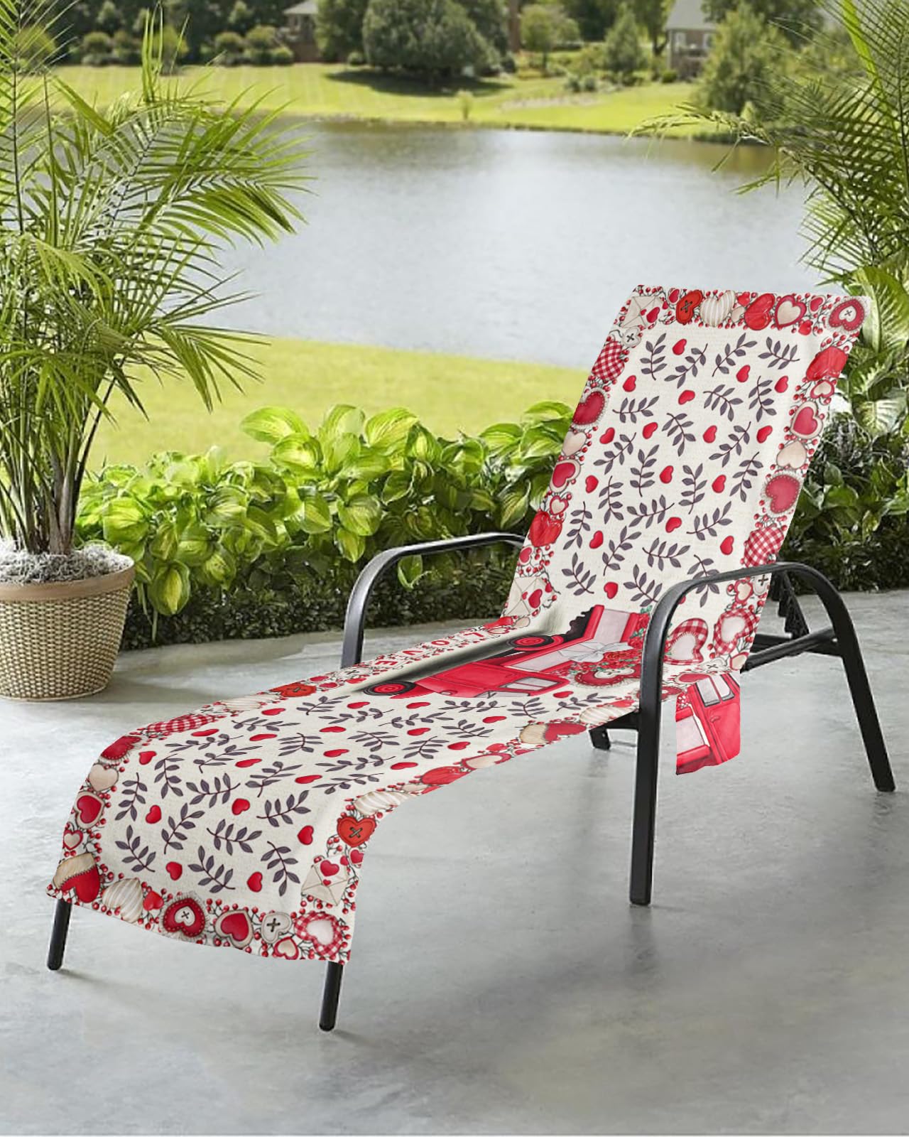 Valentine's Red Car Beach Chair Towel Covers for Chaise Lounge with Side Pocket, Soft Plush Pool Towels Cover for Patio Sunbathing Outdoor 29''x85'' Truck Love Spring Rose Floral