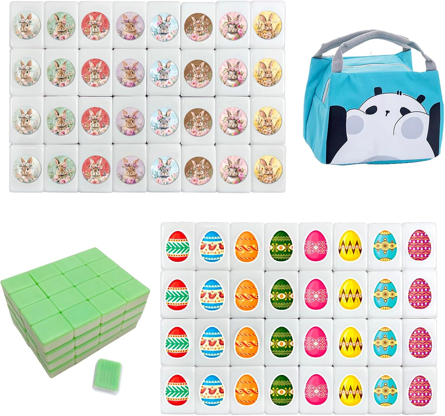 65 Tiles Seaside Escape Game Blocks 36mm Large Mahjong Tiles Sets with Bunny Eggs Patterns Portable Mahjong Set with A Bag