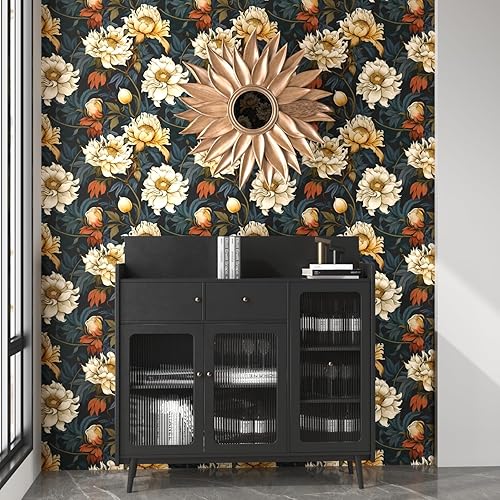 Miniatura 2 de Papel tapiz floral negro para despegar y pegar, papel tapiz de hojas para pegar y pelar, papel adhesivo colorido para gabinetes, papel de pared
