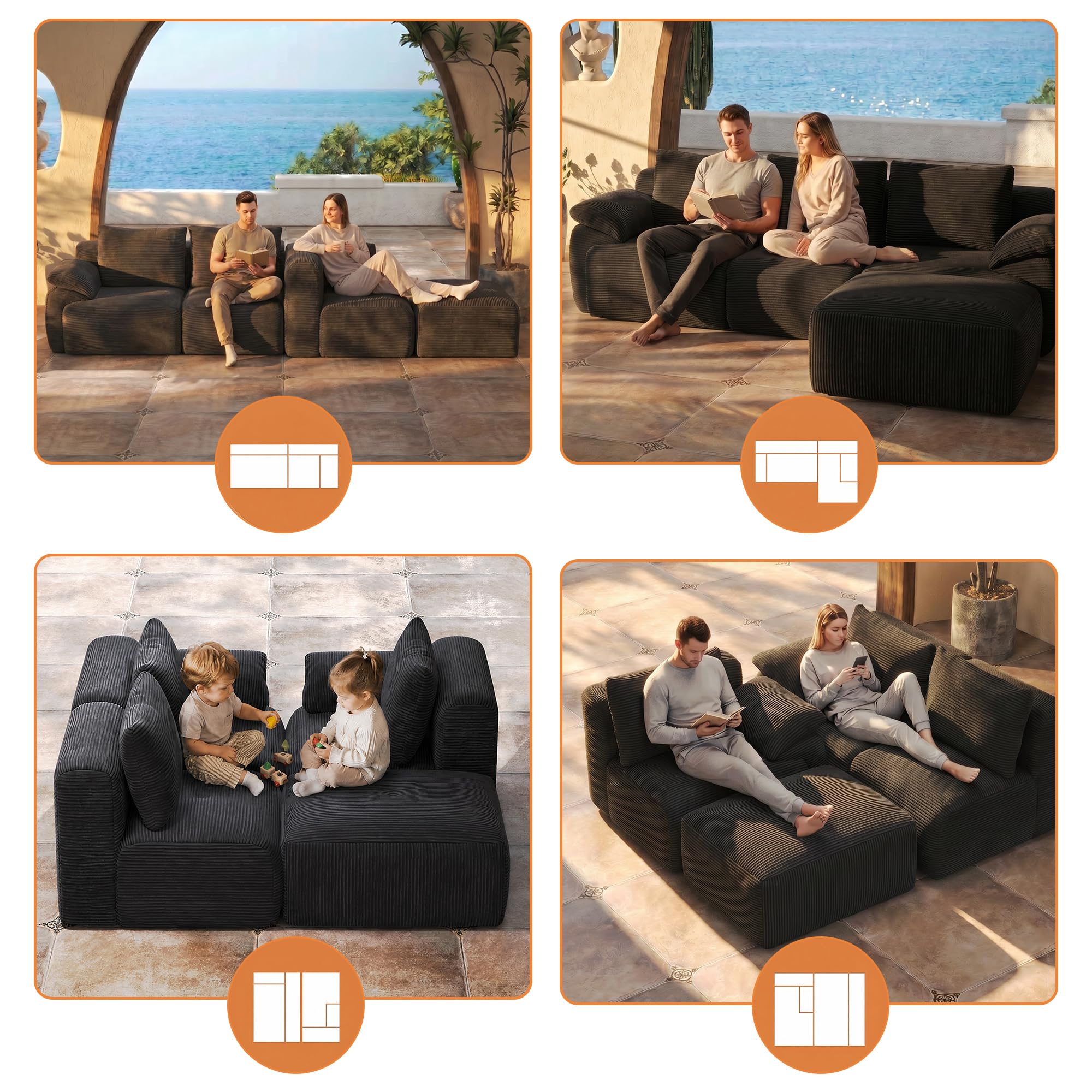 Sofá Seccional Modular con Cojines, Sofá de esquina Convertible | Sofá Deshuesado Comprimido con asiento profundo. Espuma de memoria de forma|Panaaa|264x161x71cm|Gris|No requiere ensamblaje