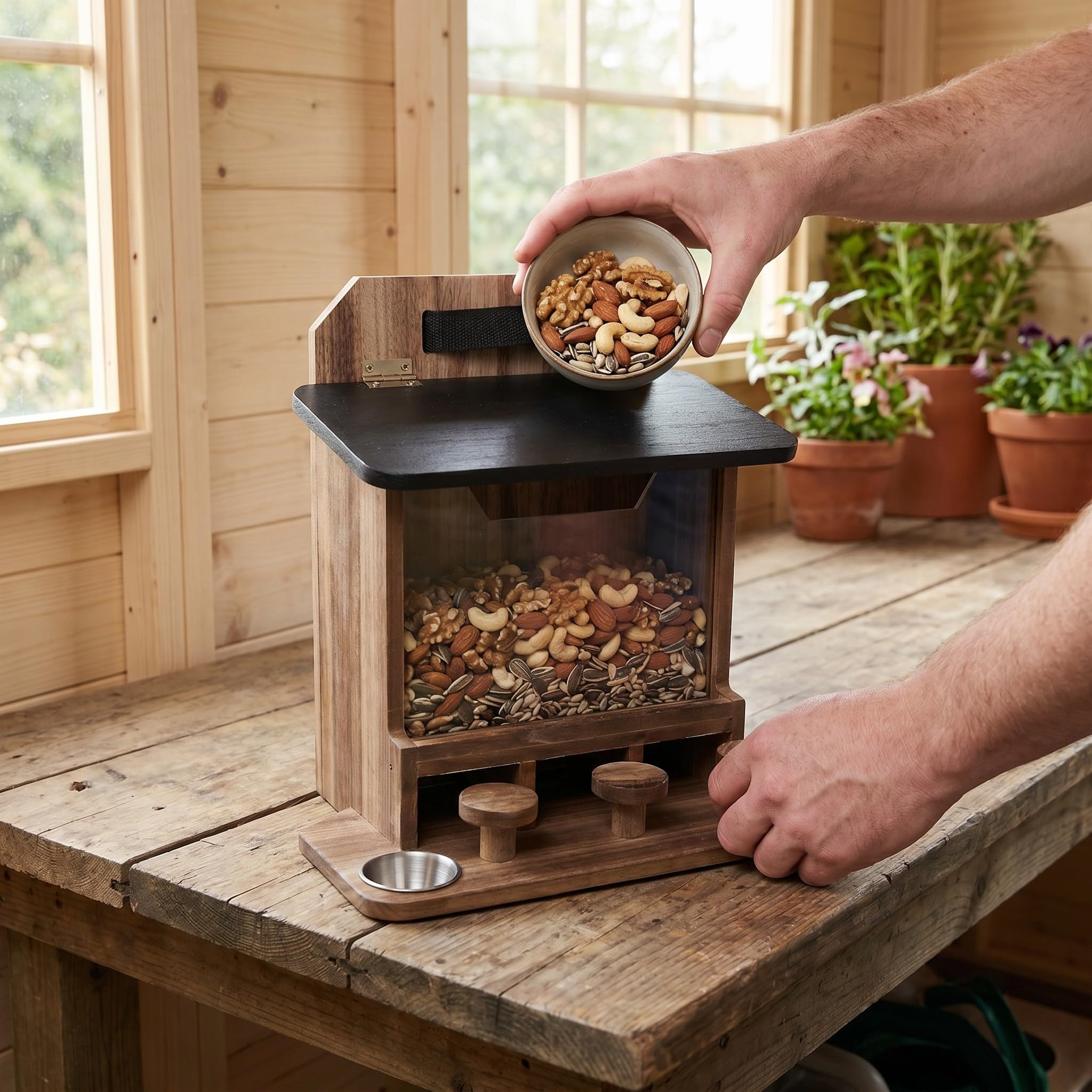 Veemoon Mangiatoie per scoiattoli da esterno - Casetta in legno per scoiattoli striati - 33x32x14 cm - Stazione di alimentazione sospesa per arachidi per animali selvatici da giardino, 33x32x14 cm